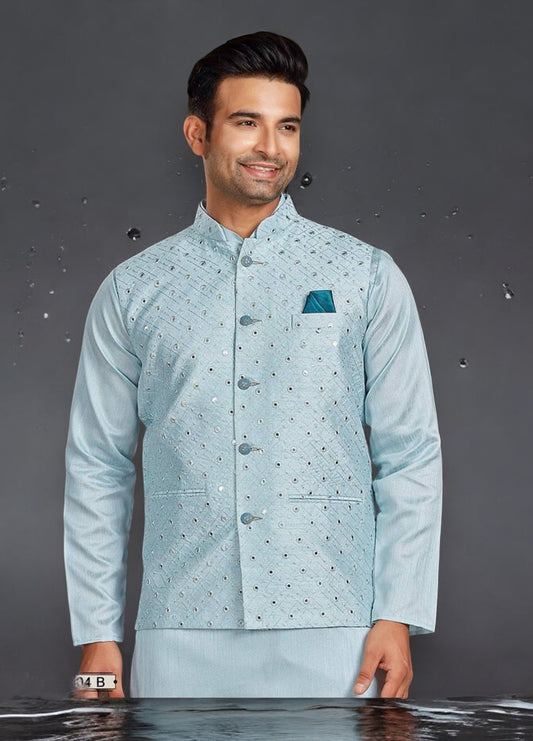 Sky Blue Color Party Wear Kurta Pajama Set With Jacket