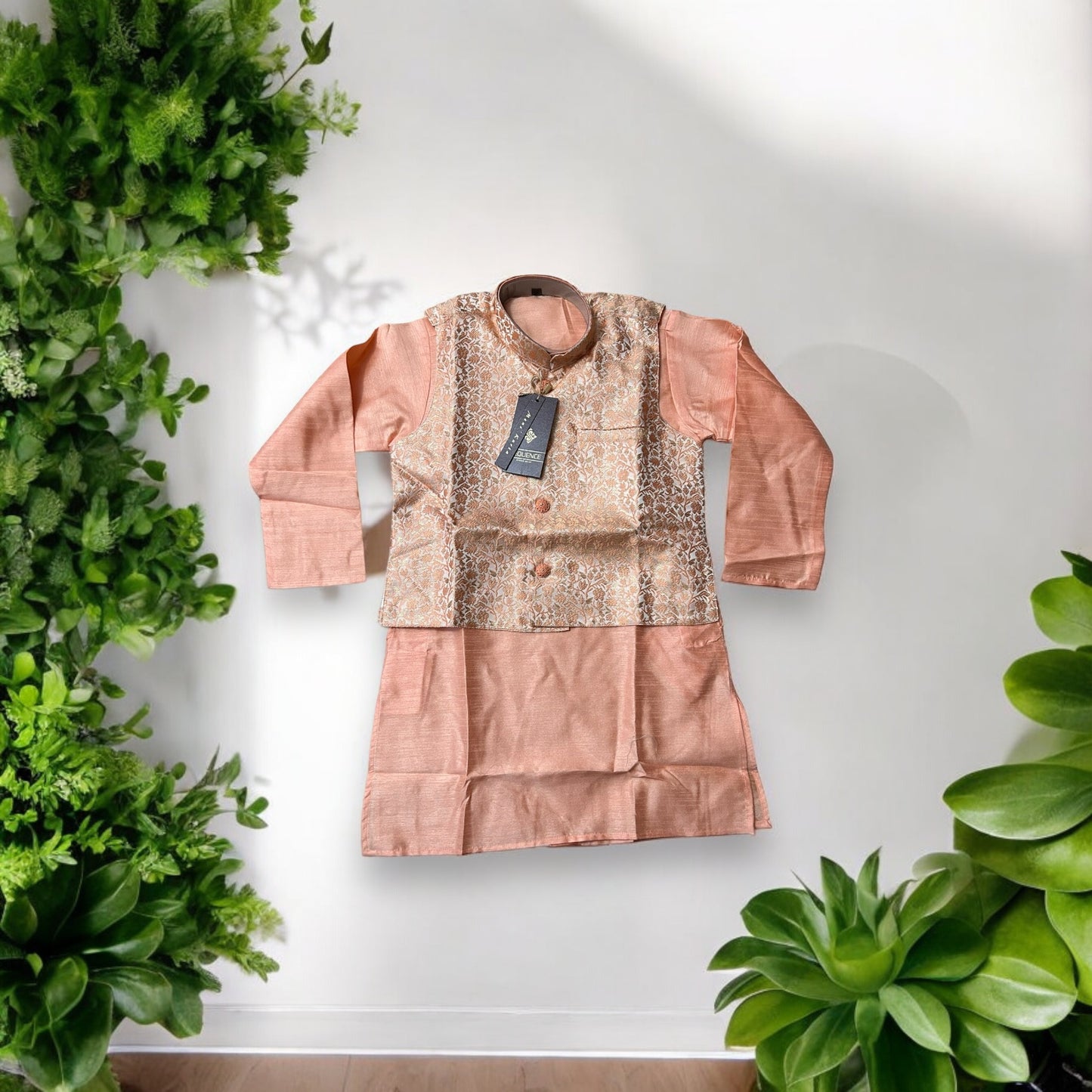 Elegant Boys Peach Silk Kurta Pajama Set with Matching Vest - D6420