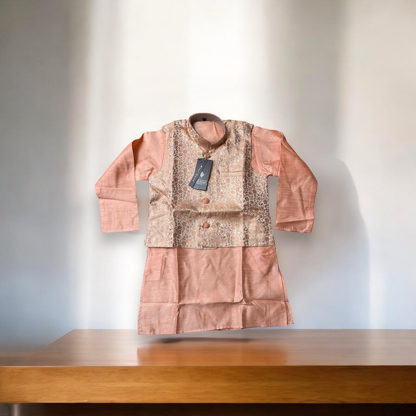 Elegant Boys Peach Silk Kurta Pajama Set with Matching Vest - D6420