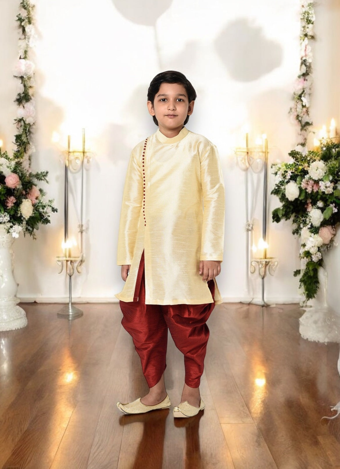 Cream - Exquisite Dupion Silk Party Wear Weaving Kids Kurta Pajama