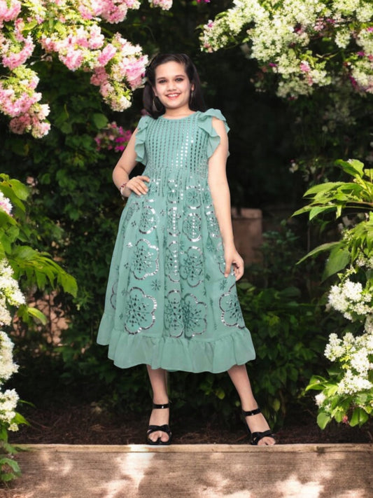 Sea Breeze Delight: Stylish Party Wear Sea Green Georgette Frock with Embroidery and Mirror Work