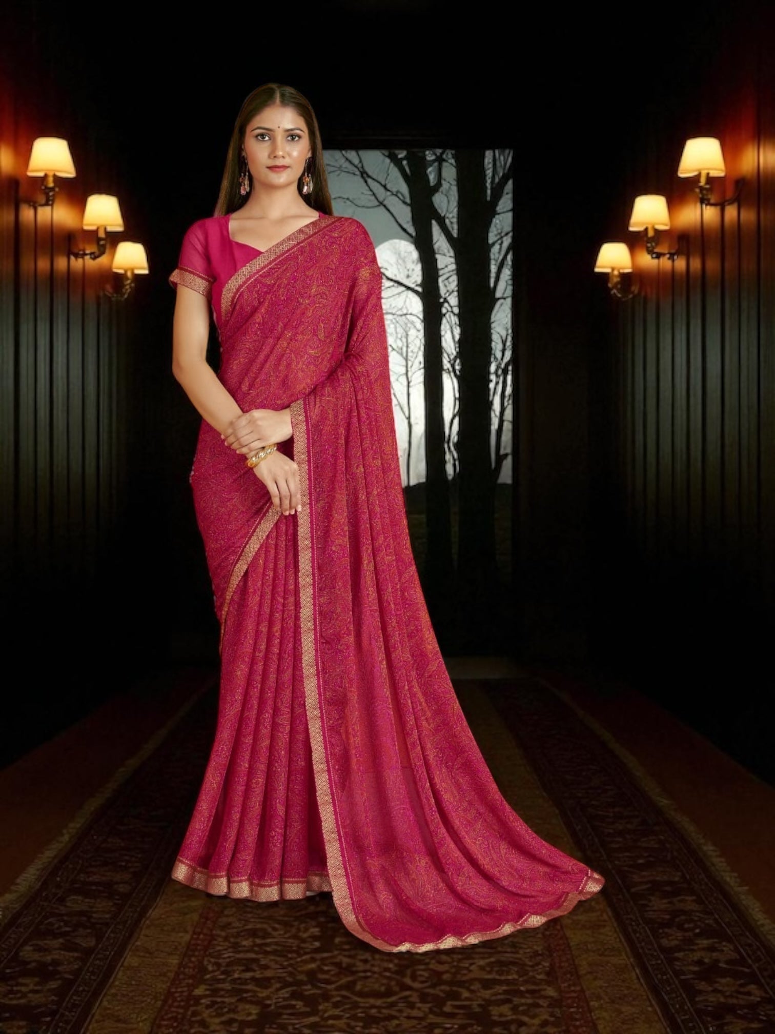Traditional Saree by Saree Ghor Charlotte featuring intricate patterns and vibrant colors, draped elegantly for cultural wear.