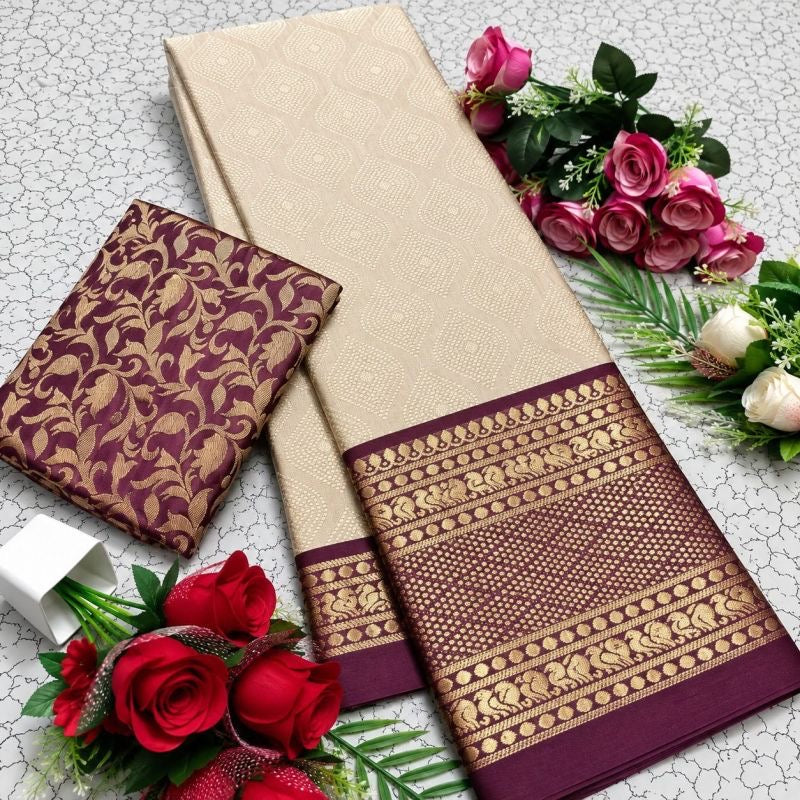 Copper Silk Saree with Unstitched Blouse, Cultural Wear for Women