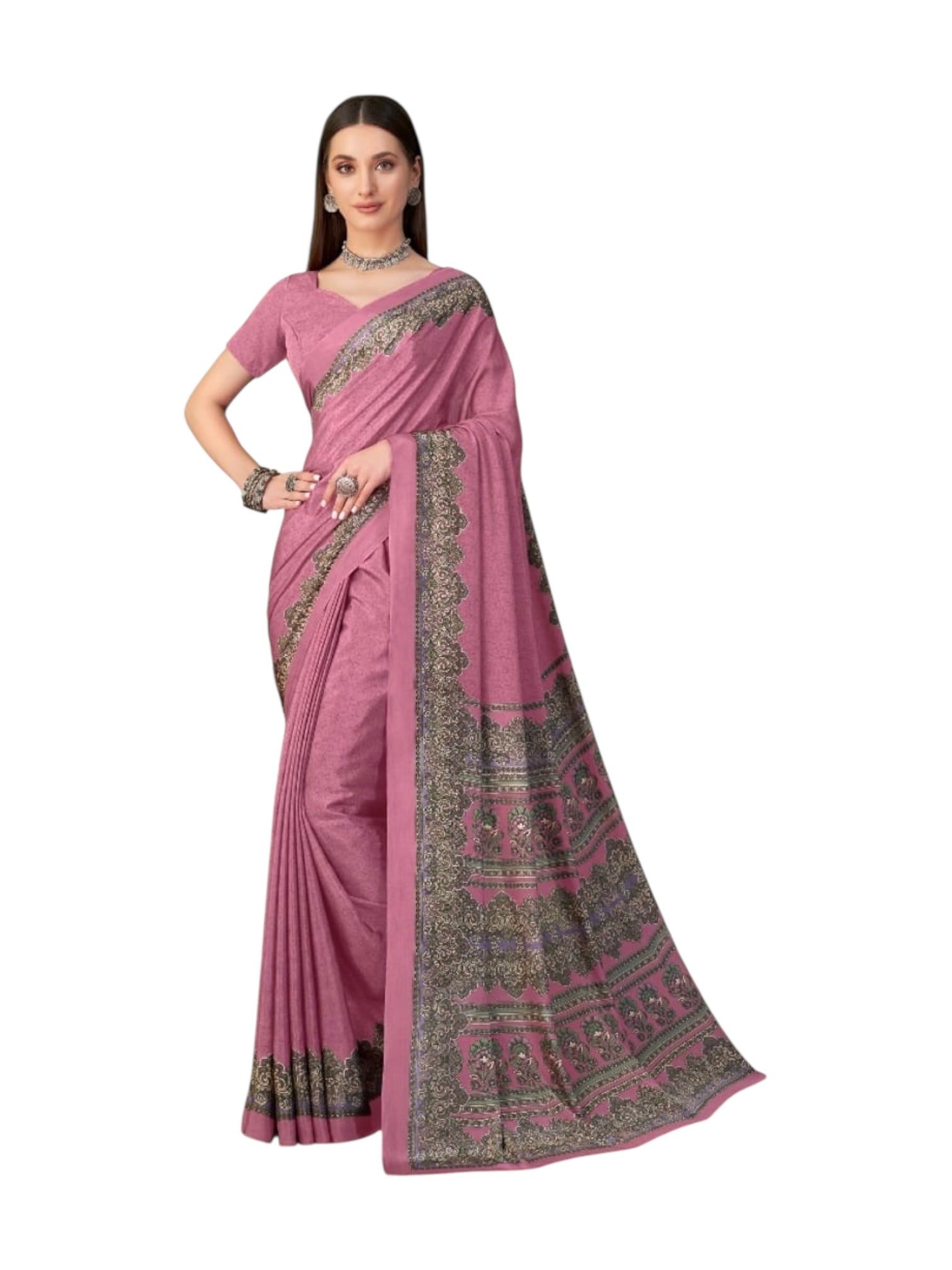 Traditional Saree by Saree Ghor Charlotte featuring vibrant fabric and intricate border design, worn as cultural women's wear.