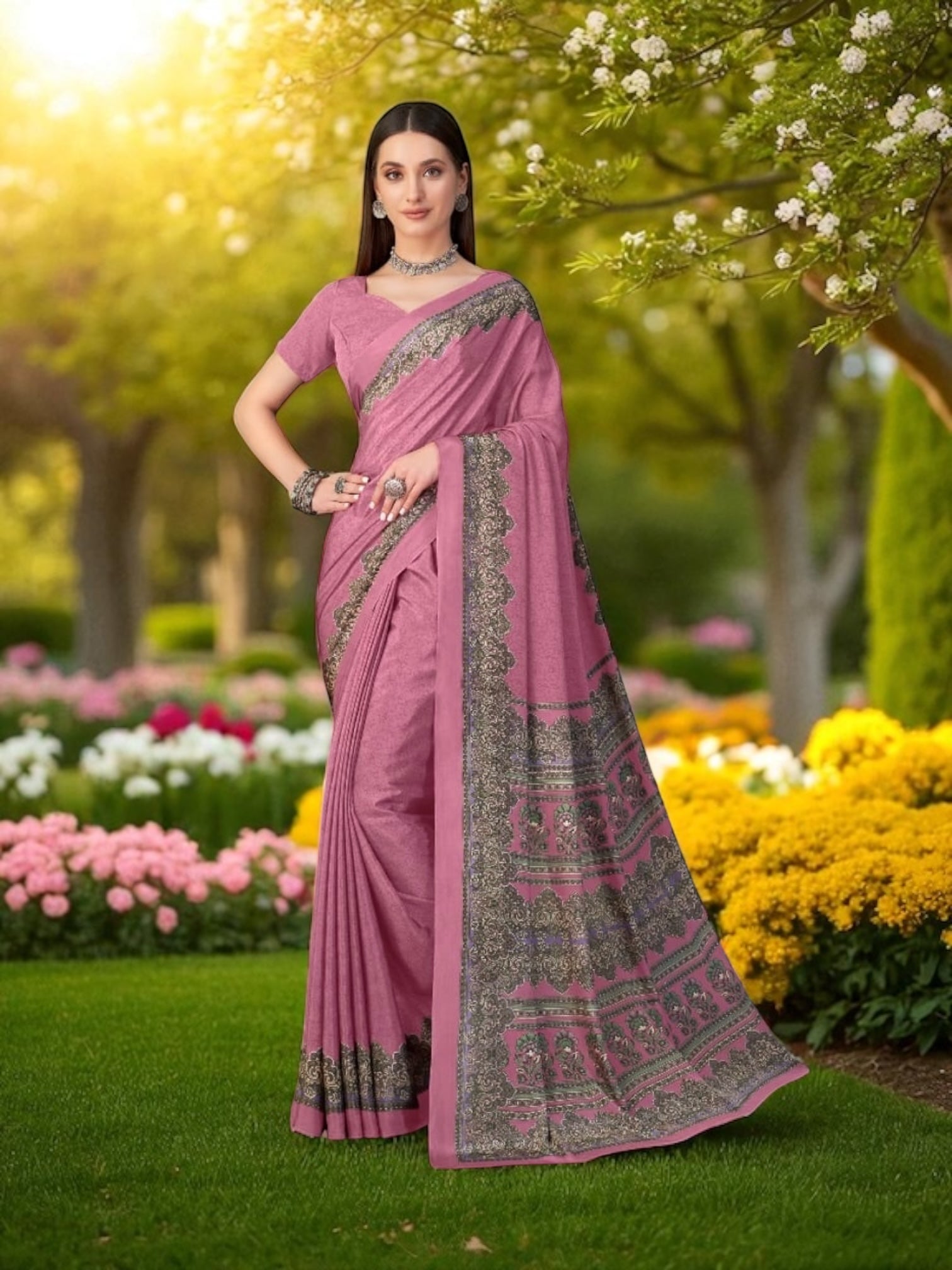 Traditional Saree from Saree Ghor Charlotte featuring vibrant colors and intricate patterns, draped elegantly for cultural wear.