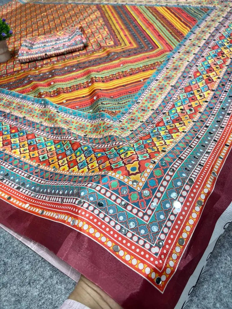 Soft Chinon Silk Saree with Ready Blouse, Cultural Wear for Women