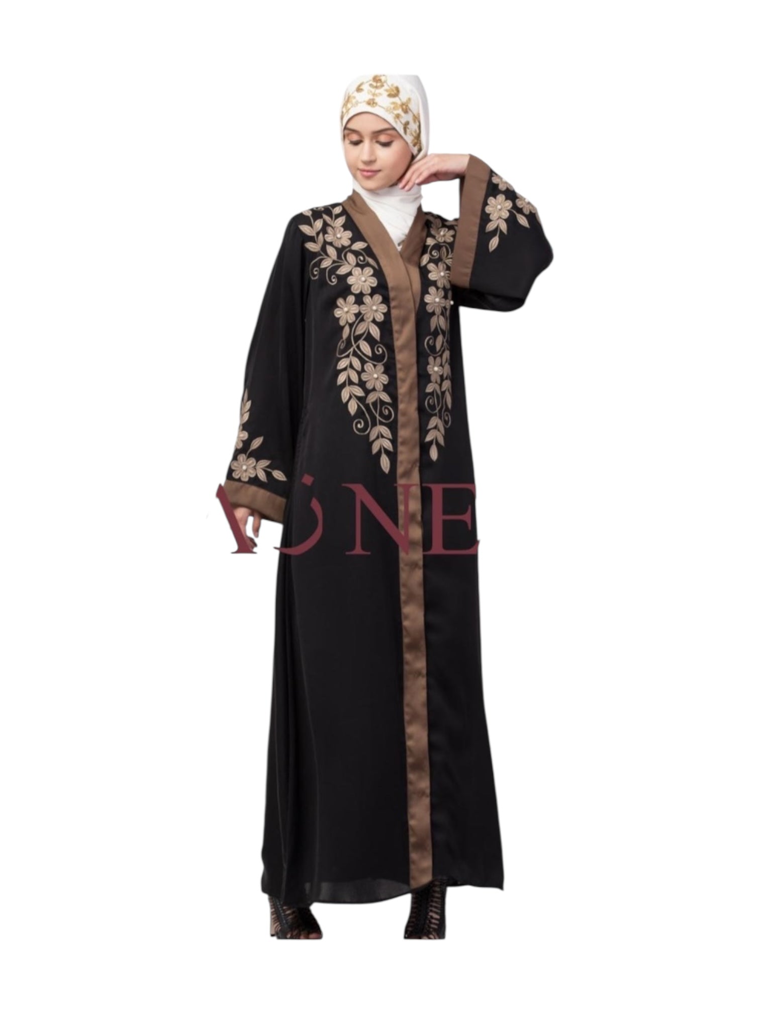 Women’s black Abaya Burqa by Saree Ghor Charlotte, modest Islamic dress with flowing fabric and elegant design.