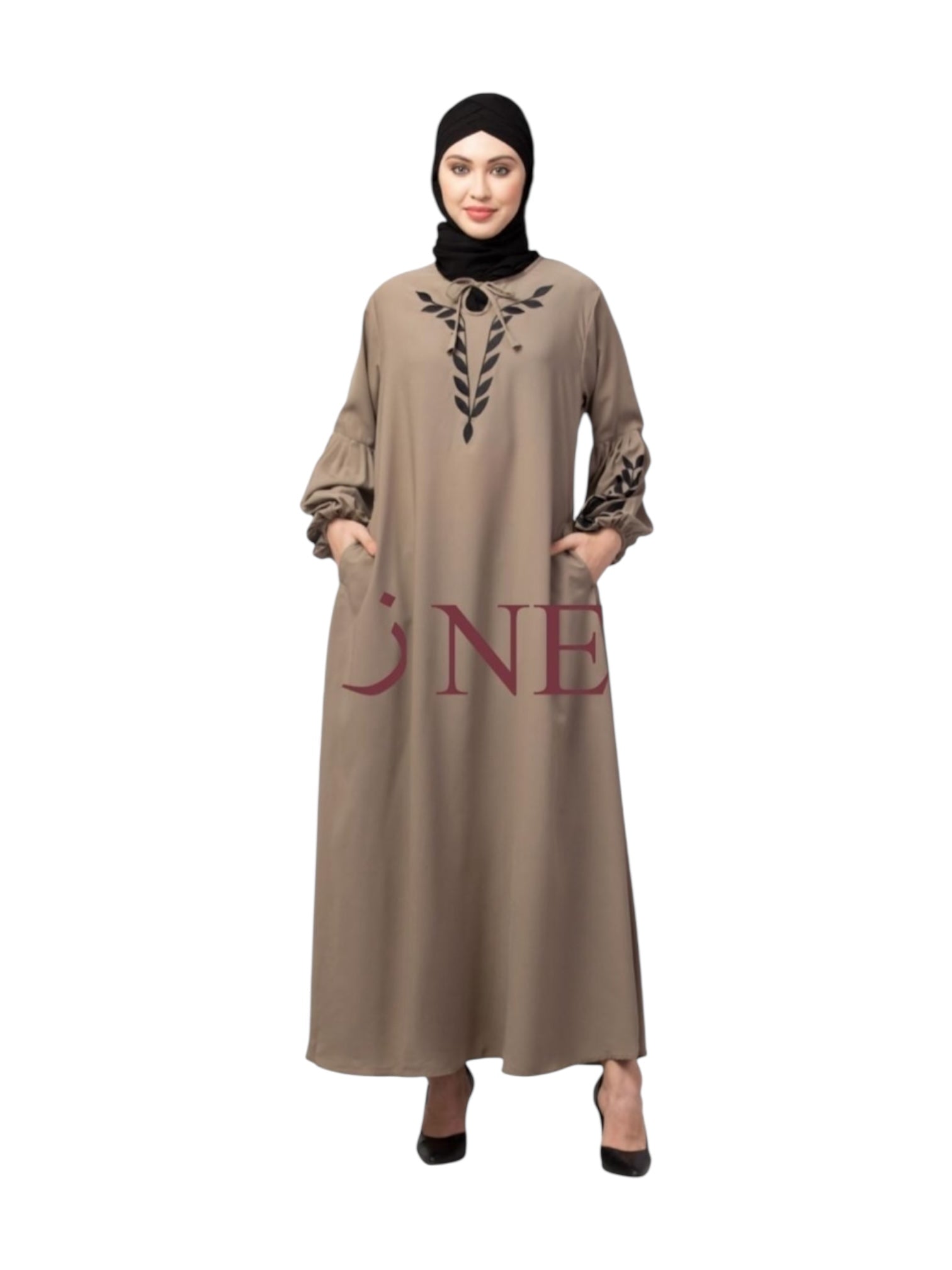 Women’s black Abaya Burqa by Saree Ghor Charlotte, modest Islamic dress with flowing fabric and elegant design, front view.