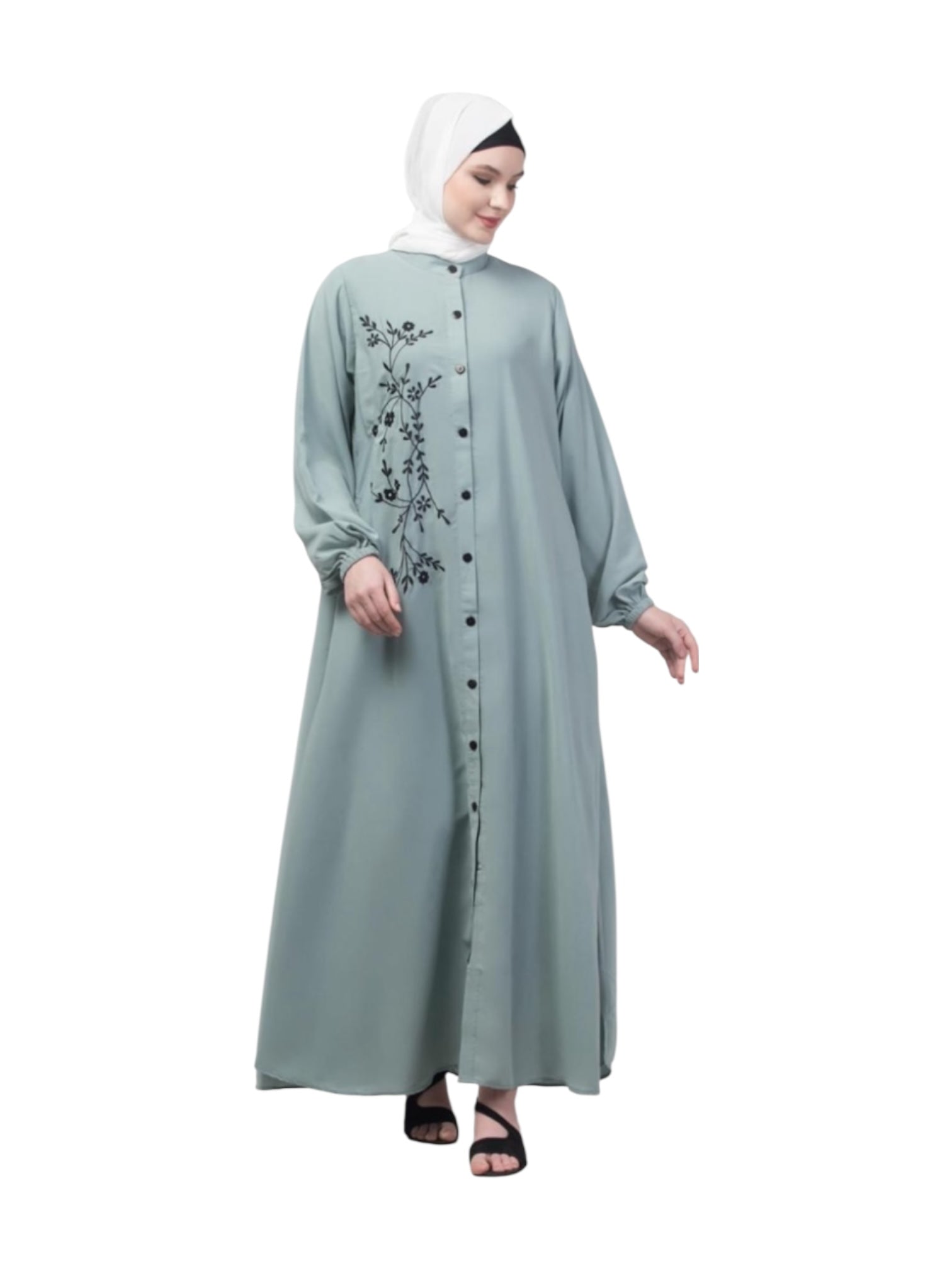 Women’s black Abaya Burqa by Saree Ghor Charlotte, modest Islamic dress with flowing fabric and elegant design.