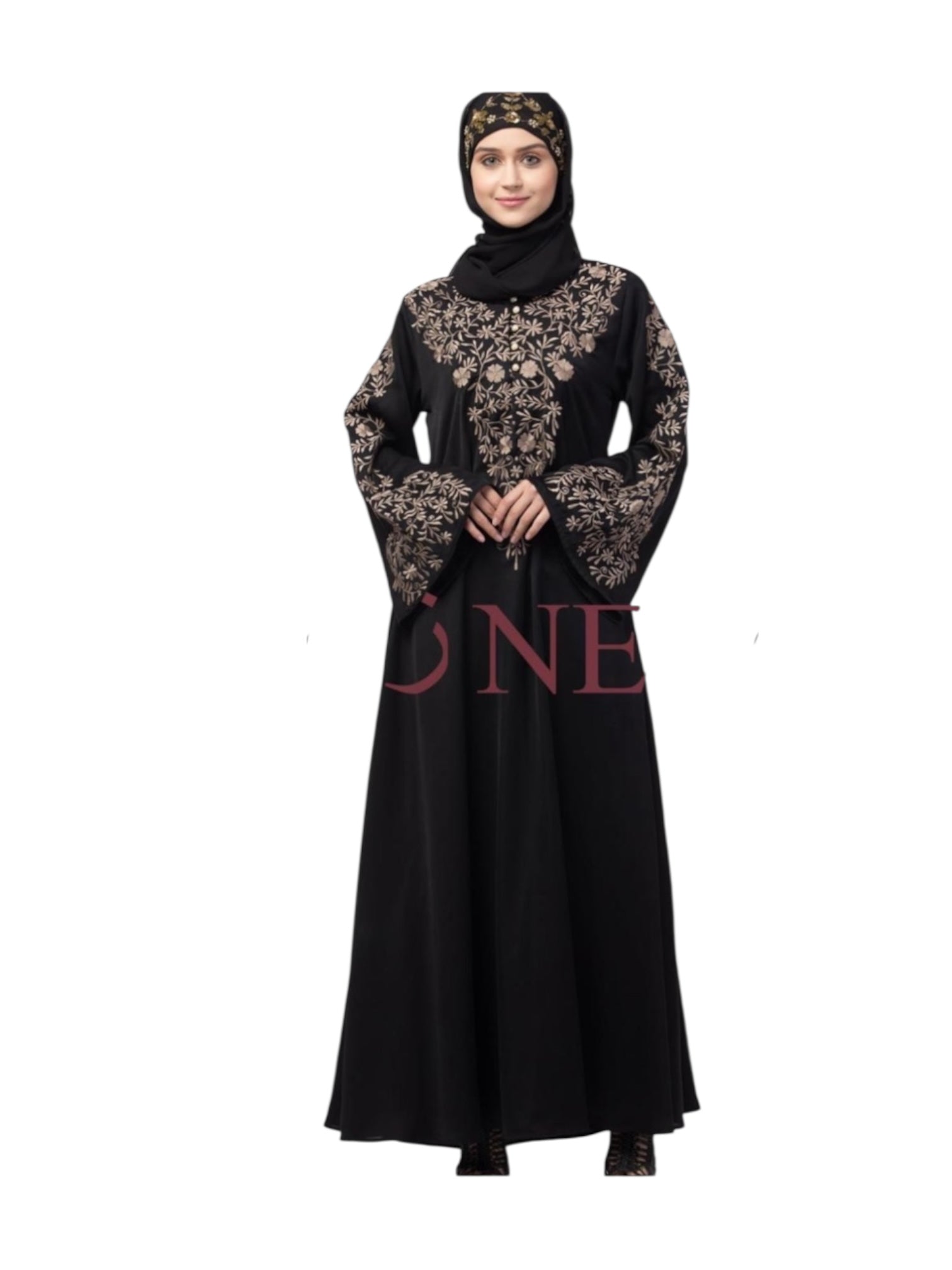Women’s black abaya by Saree Ghor Charlotte, modest Islamic dress with flowing fabric and elegant design, front view.