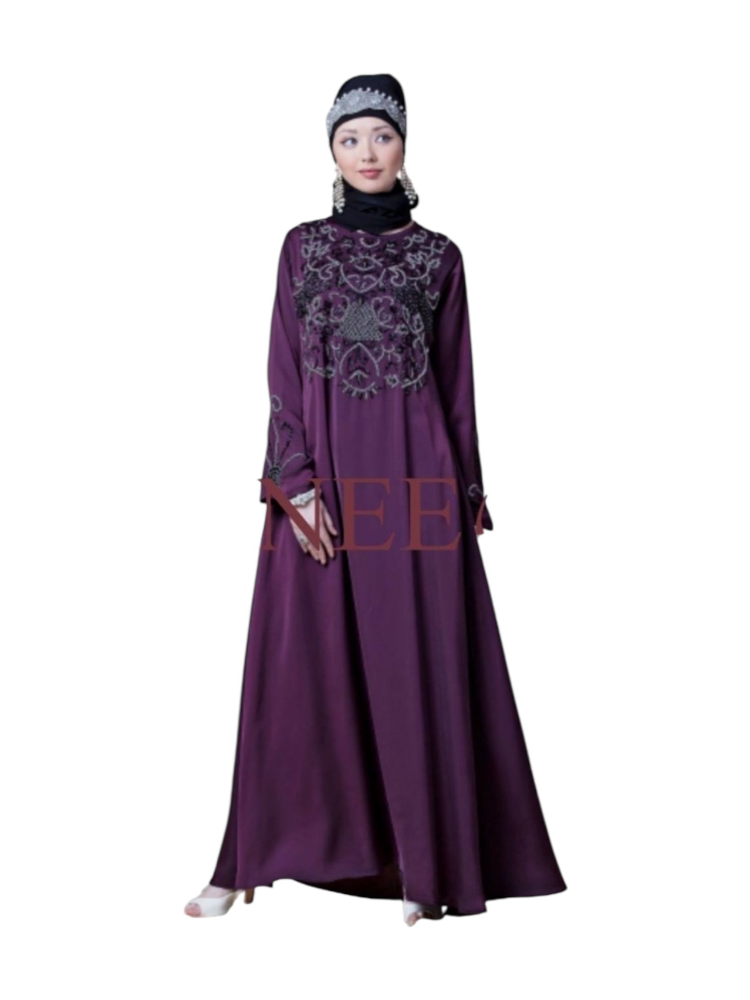 Women’s black Abaya Burqa by Saree Ghor Charlotte, modest Islamic dress with flowing fabric and elegant design.
