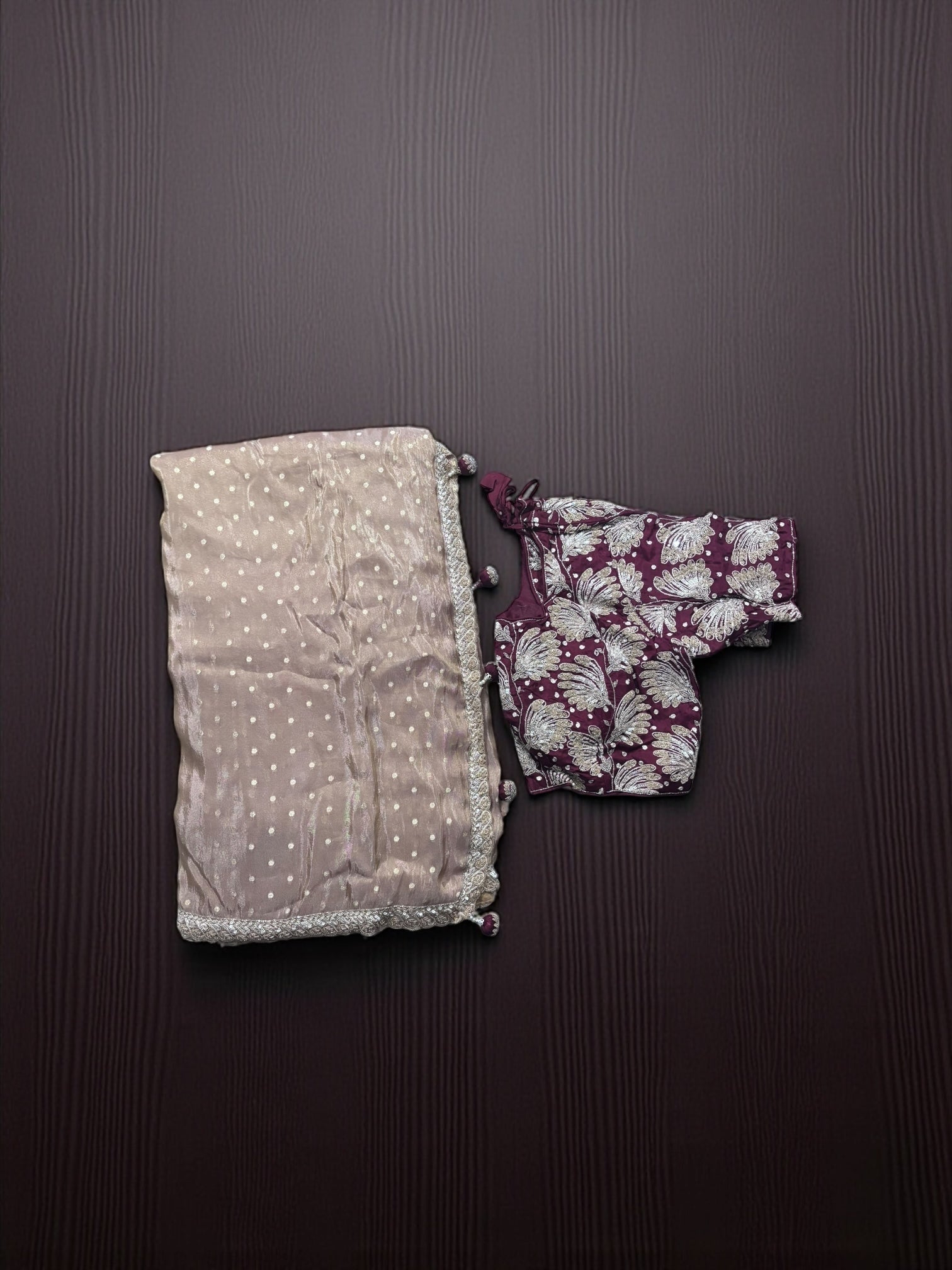 Elegant Designer Saree with Ready Blouse, showcasing intricate patterns, ideal for cultural wear, by Saree Ghor Charlotte.