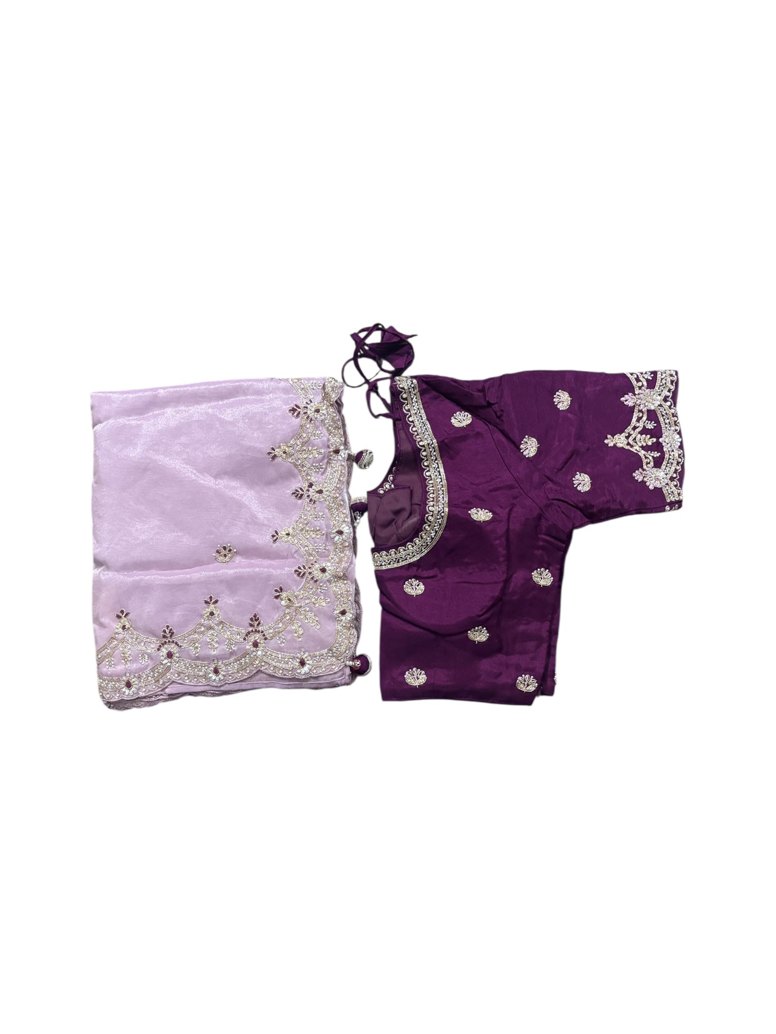 Elegant designer saree with matching ready blouse from Saree Ghor Charlotte, traditional cultural wear for women.
