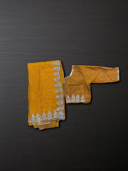 Elegant designer net saree with matching ready blouse from Saree Ghor Charlotte, cultural wear for women, detailed net fabric.