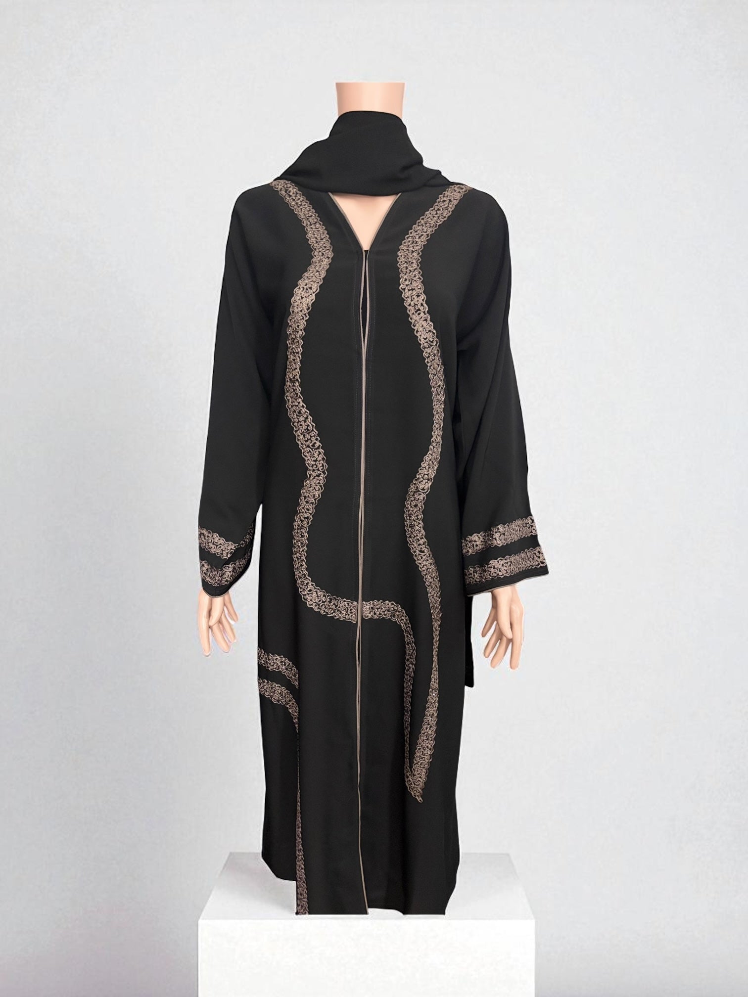 Women’s black abaya burqa by Saree Ghor Charlotte, modest Islamic dress with flowing fabric and elegant design.
