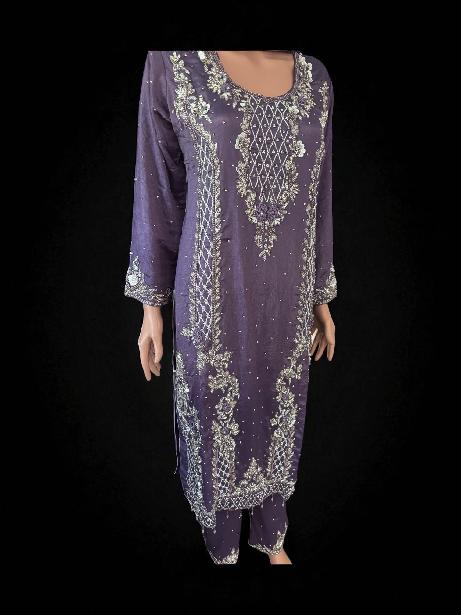 Heavy Work Salwar Kameez by Saree Ghor Charlotte featuring intricate embroidery and traditional cultural design for women.