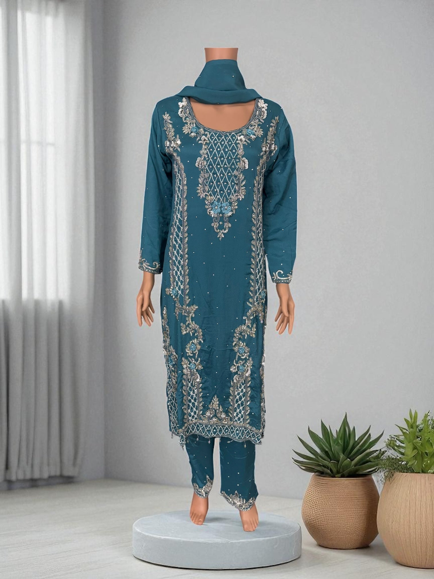 Heavy Work Salwar Kameez by Saree Ghor Charlotte featuring intricate embroidery and traditional design for women's cultural wear.
