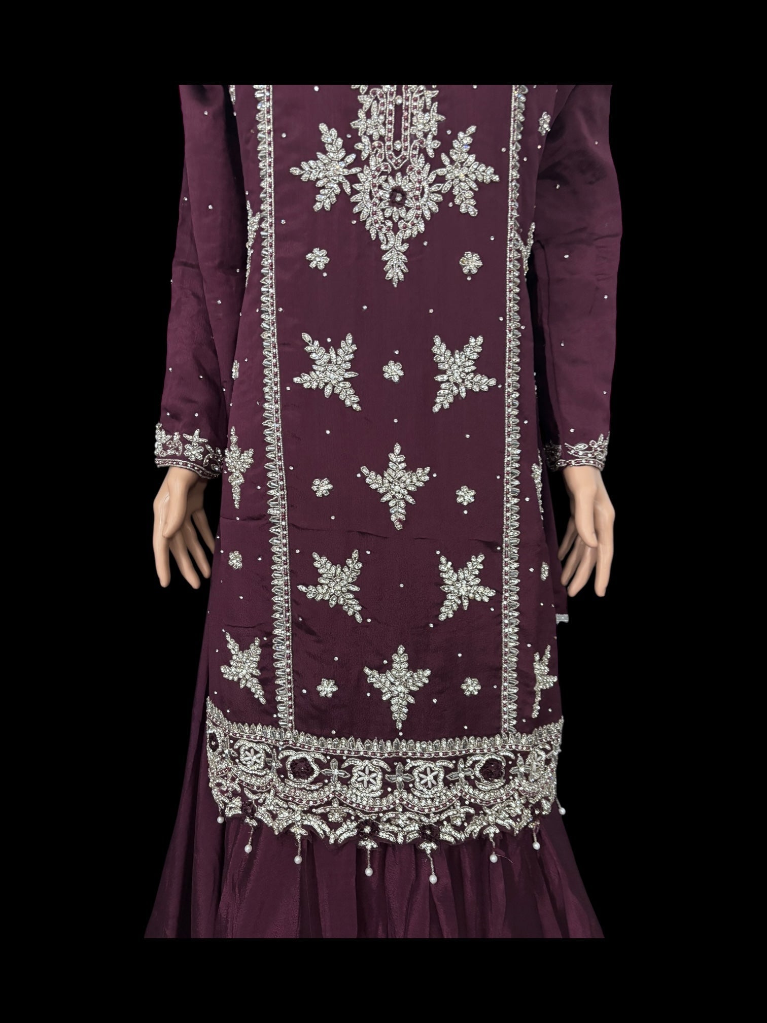Heavy Work Salwar Kameez by Saree Ghor Charlotte featuring intricate embroidery, traditional style, and vibrant fabric for women.