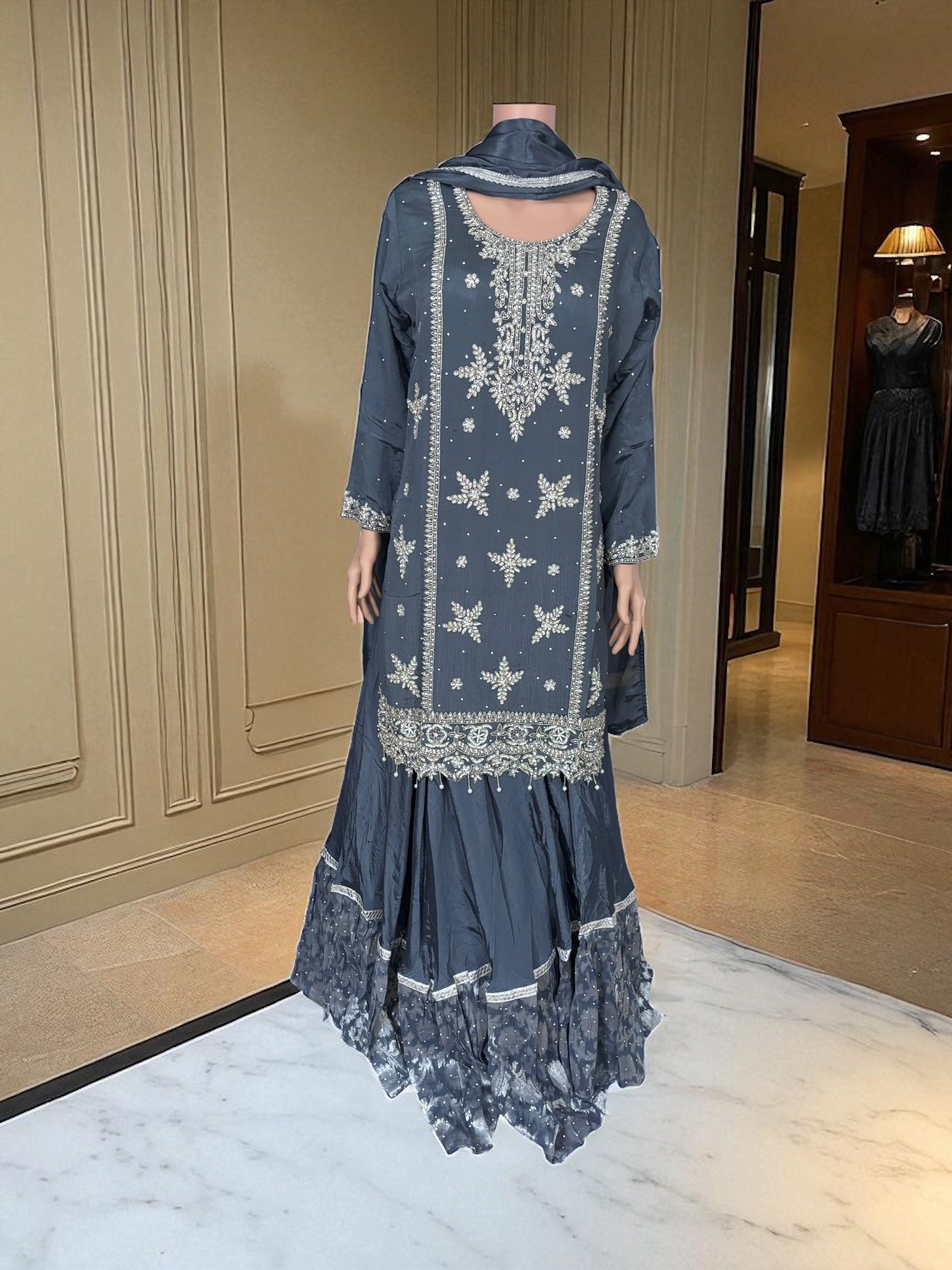 Heavy Work Salwar Kameez by Saree Ghor Charlotte featuring intricate embroidery and traditional cultural design for women.