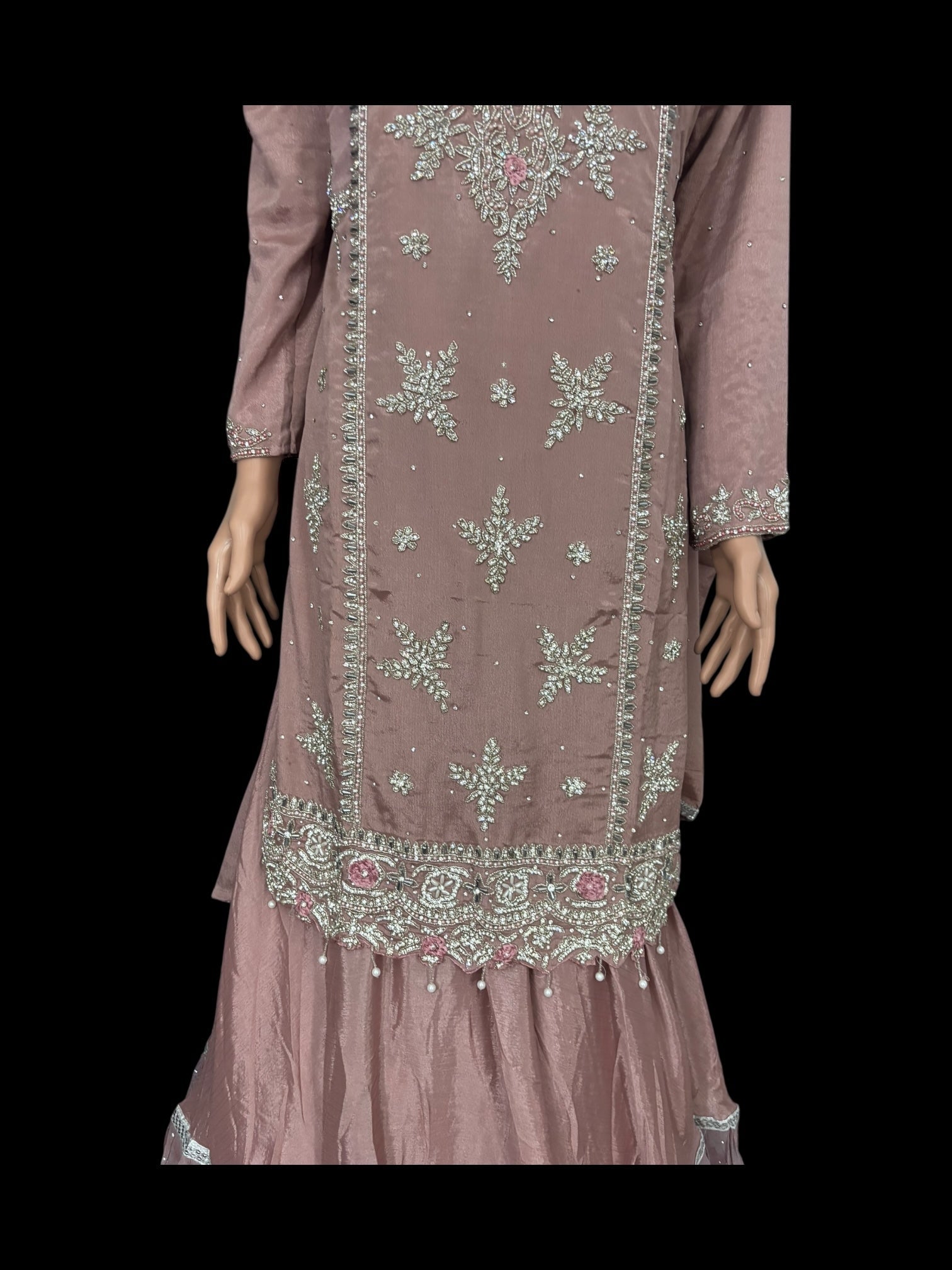 Heavy Work Salwar Kameez by Saree Ghor Charlotte, vibrant traditional women's cultural wear with intricate embroidery and colorful fabric.