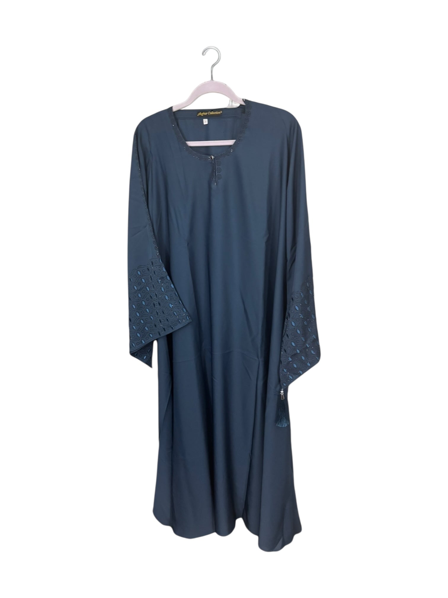 Women’s black Abaya Burqa by Saree Ghor Charlotte, modest Islamic dress with flowing fabric and elegant design, front view.