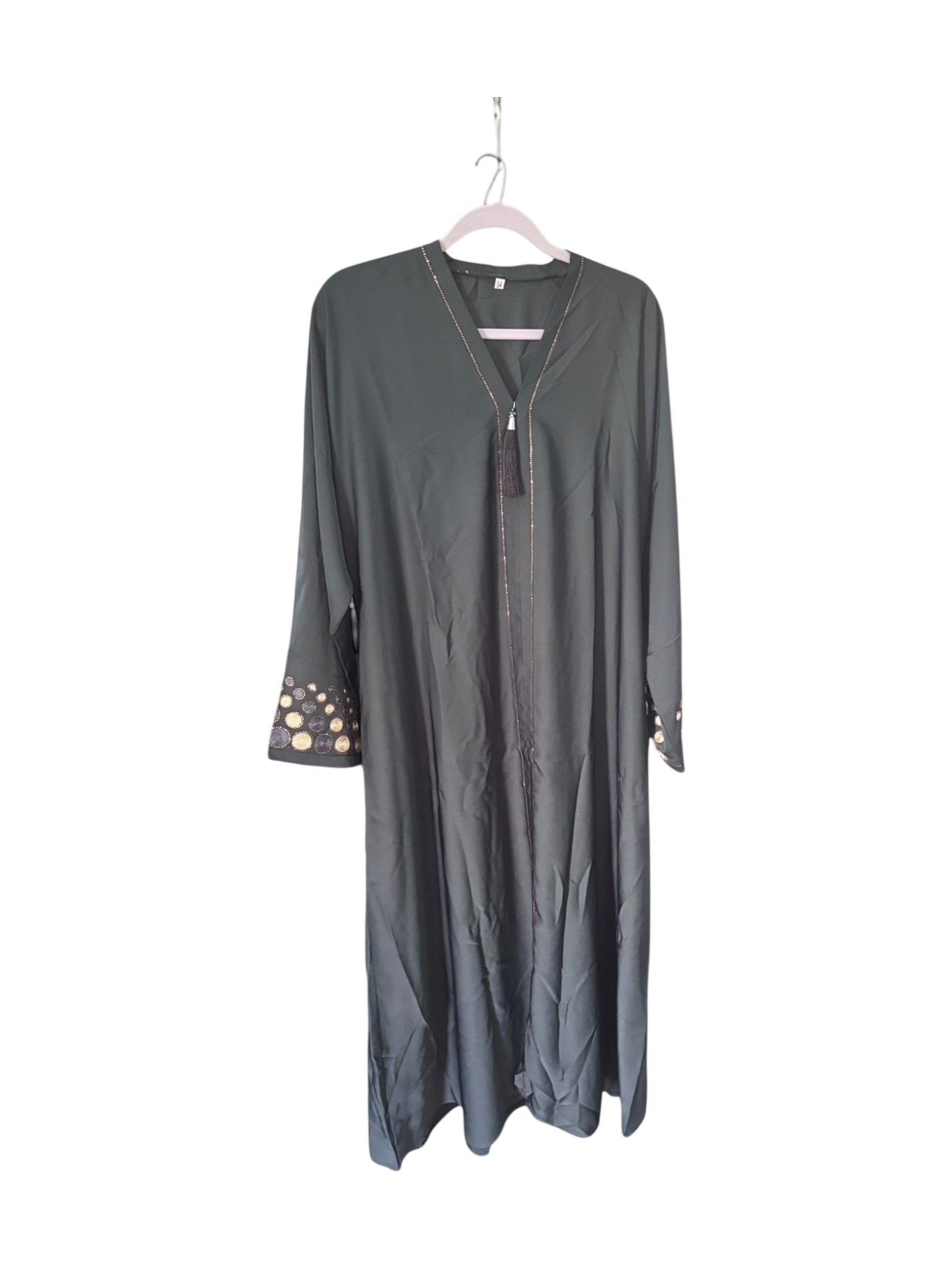 Green women's abaya burqa by Saree Ghor Charlotte, modest Islamic dress with flowing fabric and elegant design, front view.