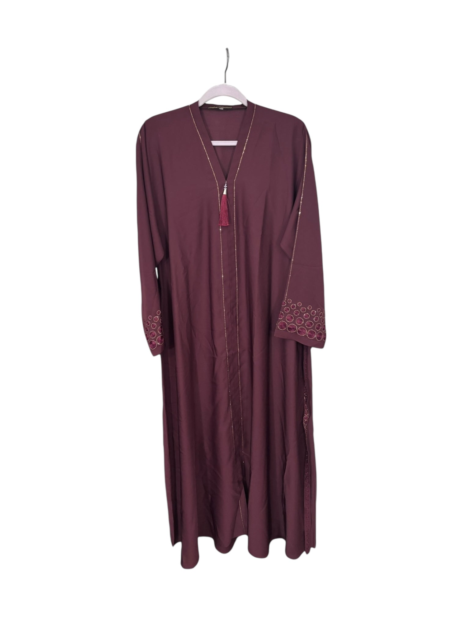 Women’s black Abaya Burqa by Saree Ghor Charlotte, modest Islamic dress with flowing fabric and elegant design, front view.