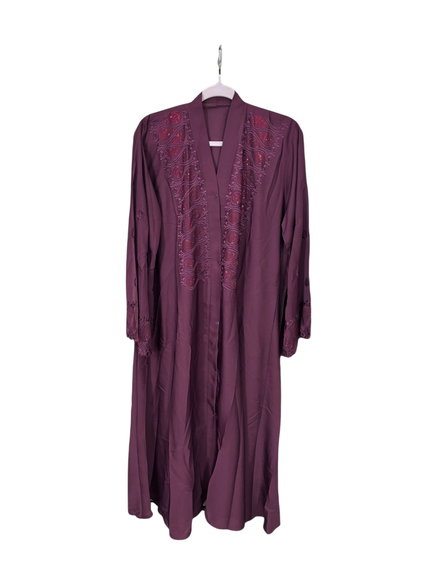 Women’s black Abaya with matching dupatta, modest Islamic dress by Saree Ghor Charlotte, shown on a hanger.