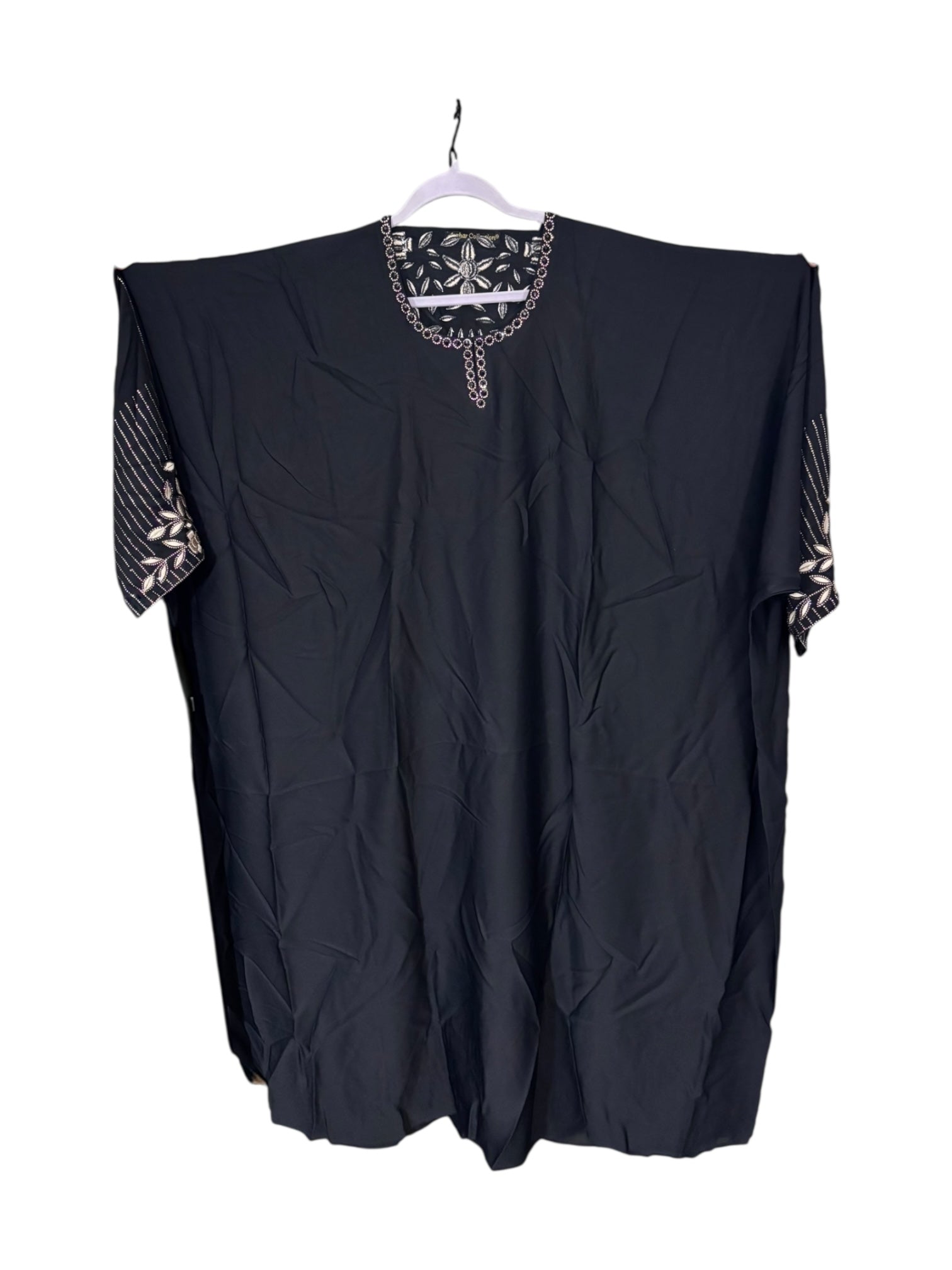 Women’s black chiffon abaya by Saree Ghor Charlotte, modest Islamic dress with intricate embroidery, flowing and elegant design