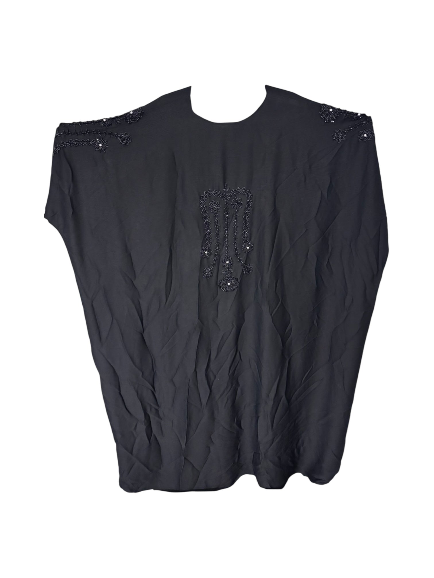 Women's black silk abaya by Saree Ghor Charlotte featuring modest design and flowing silhouette, perfect for Islamic fashion.