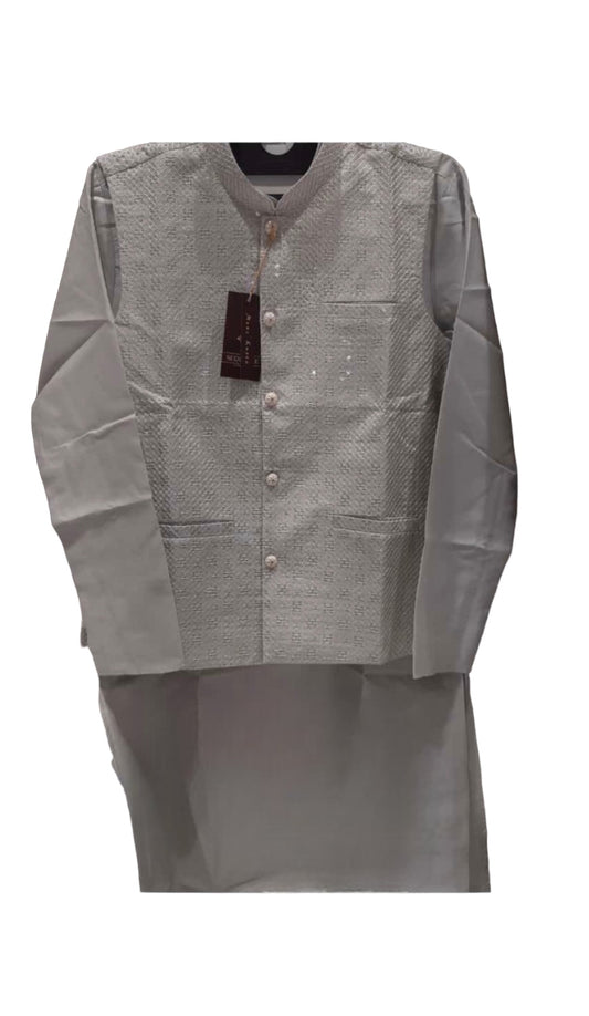 Luxurious Gray Silk Kurta Set for Men with Stylish Pant and Vest - HT6423
