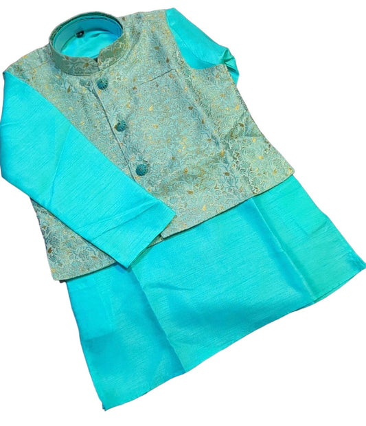 Elegant Boys' Sky Blue Silk Kurta Pajama Set with Matching Vest - D6420