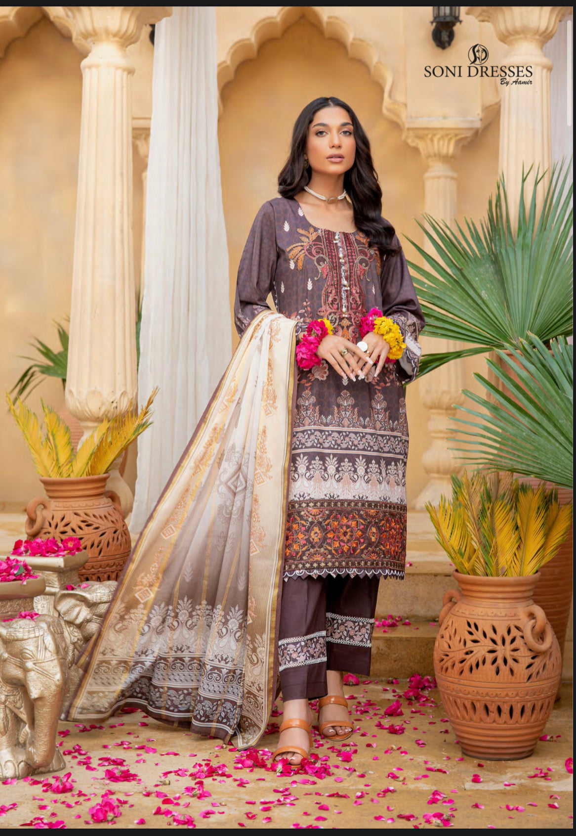 Graceful Embellished Soni Brand Linen Pakistani Dress - D1
