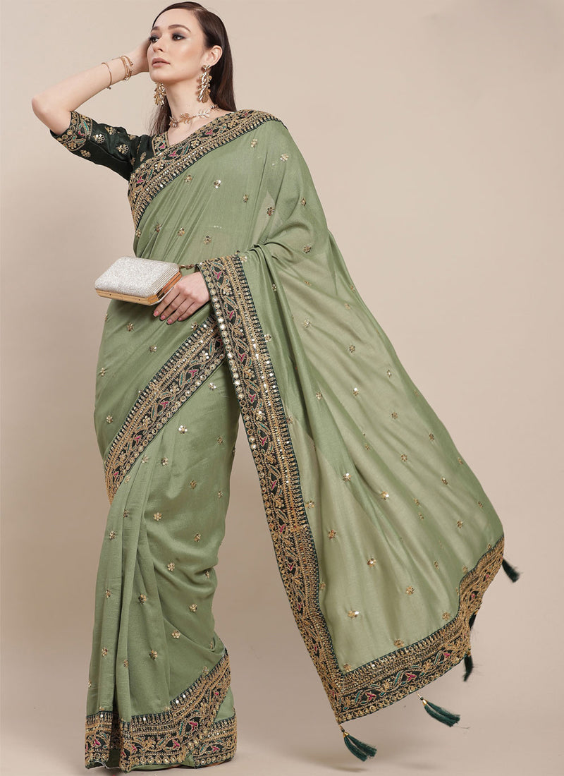 Elegant Green Vichitra Designer Saree: A Unique Blend of Tradition and Style