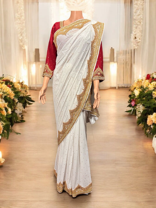 White Handwork Designer Saree with Ready Maroon Blouse - 01