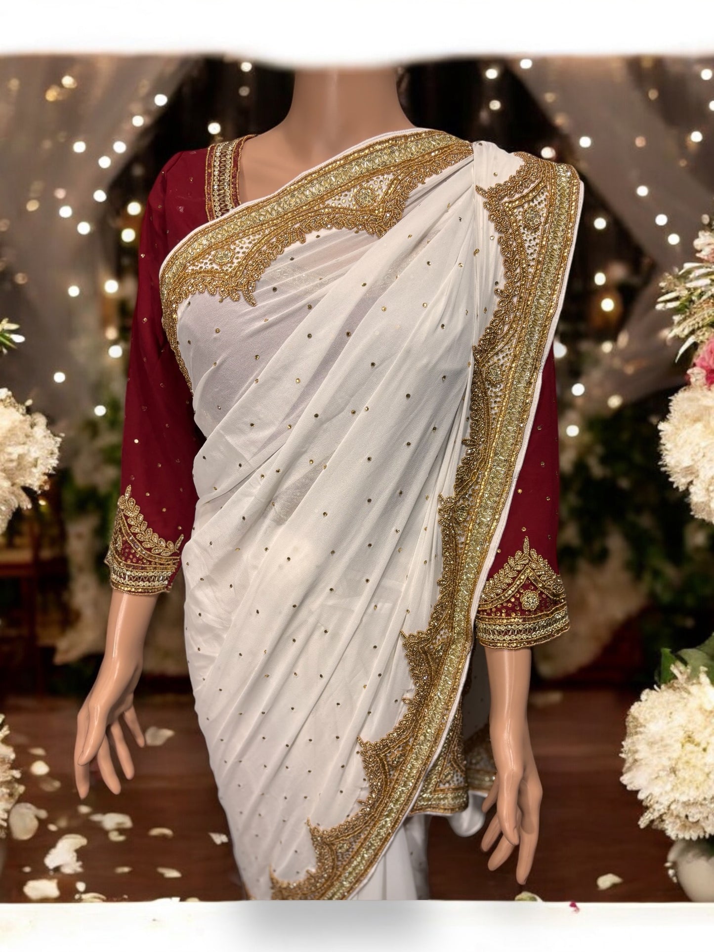 White Handwork Designer Saree with Ready Maroon Blouse - 01