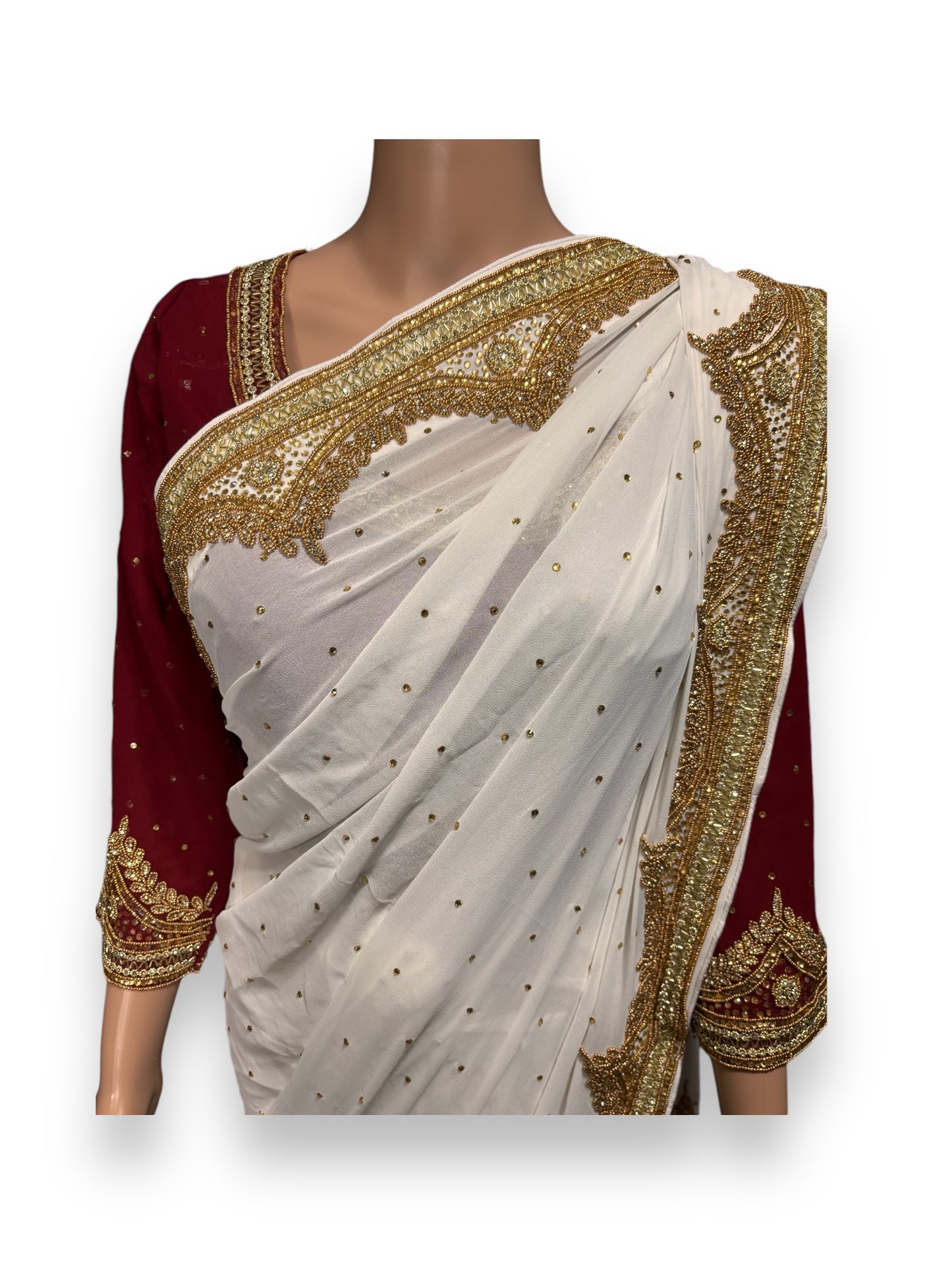 White Handwork Designer Saree with Ready Maroon Blouse - 01