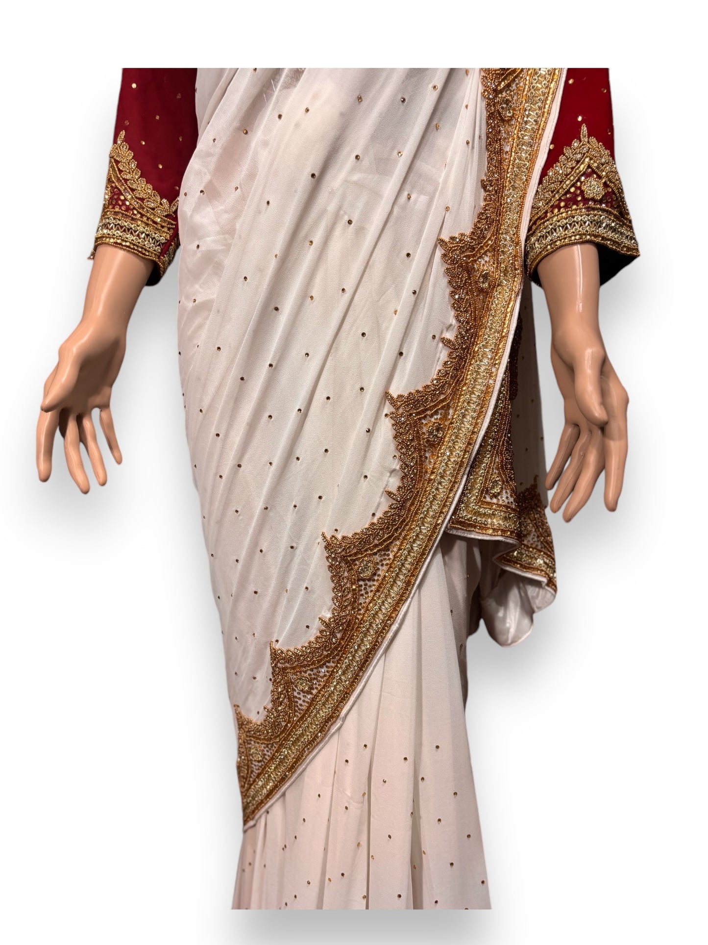 White Handwork Designer Saree with Ready Maroon Blouse - 01