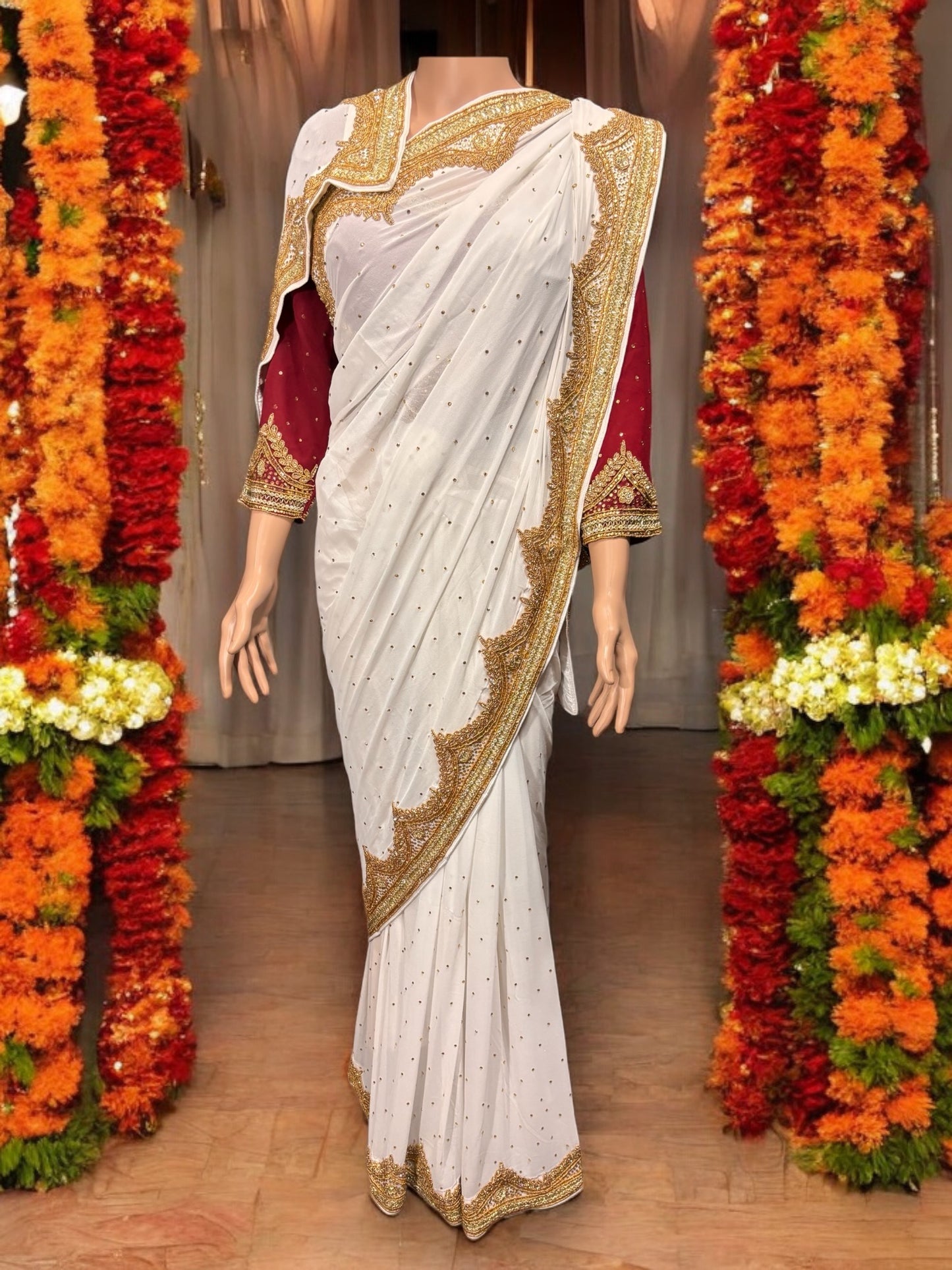 White Handwork Designer Saree with Ready Maroon Blouse - 01