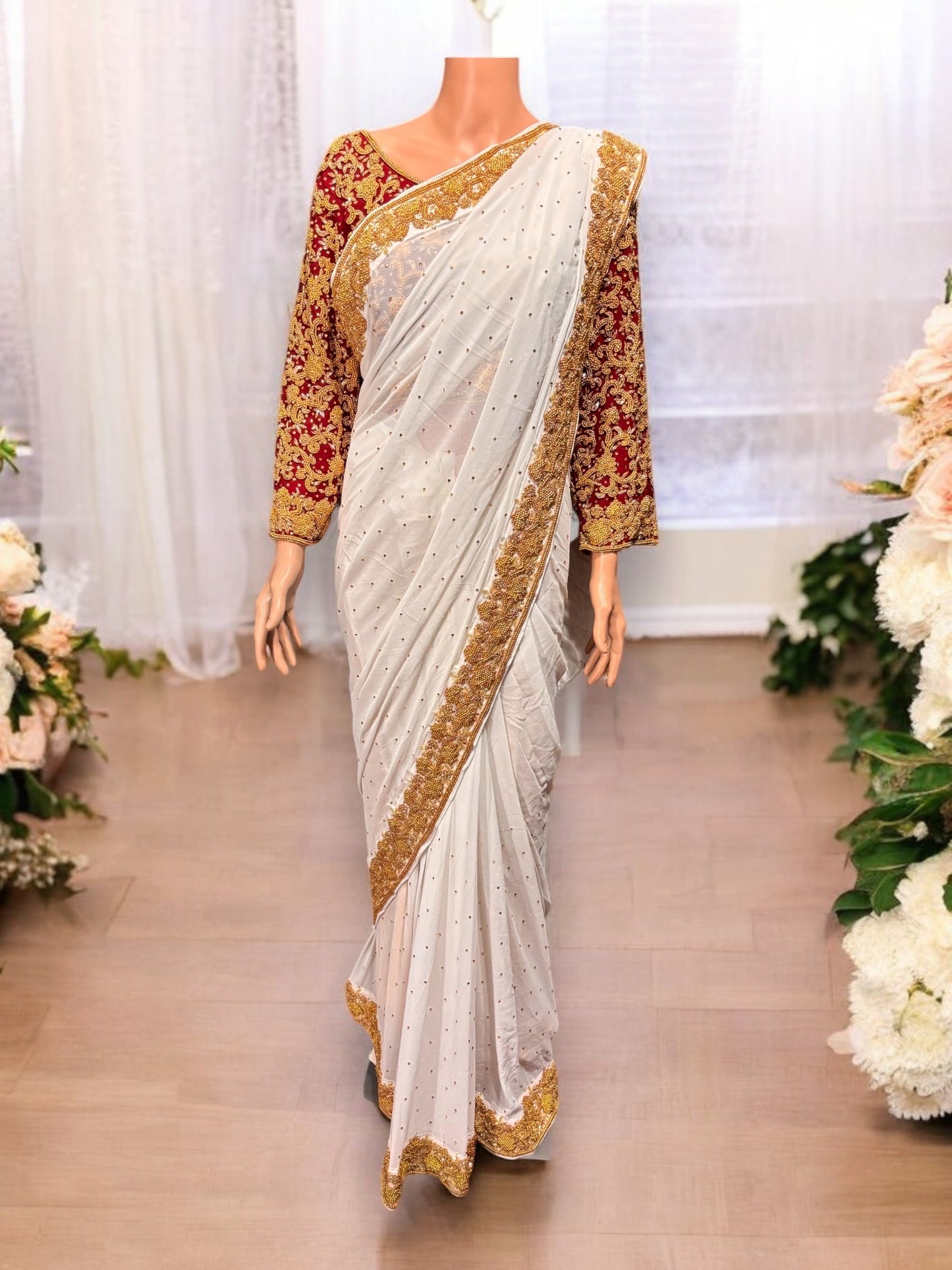 White Handwork Designer Saree with Ready Maroon Blouse - 02