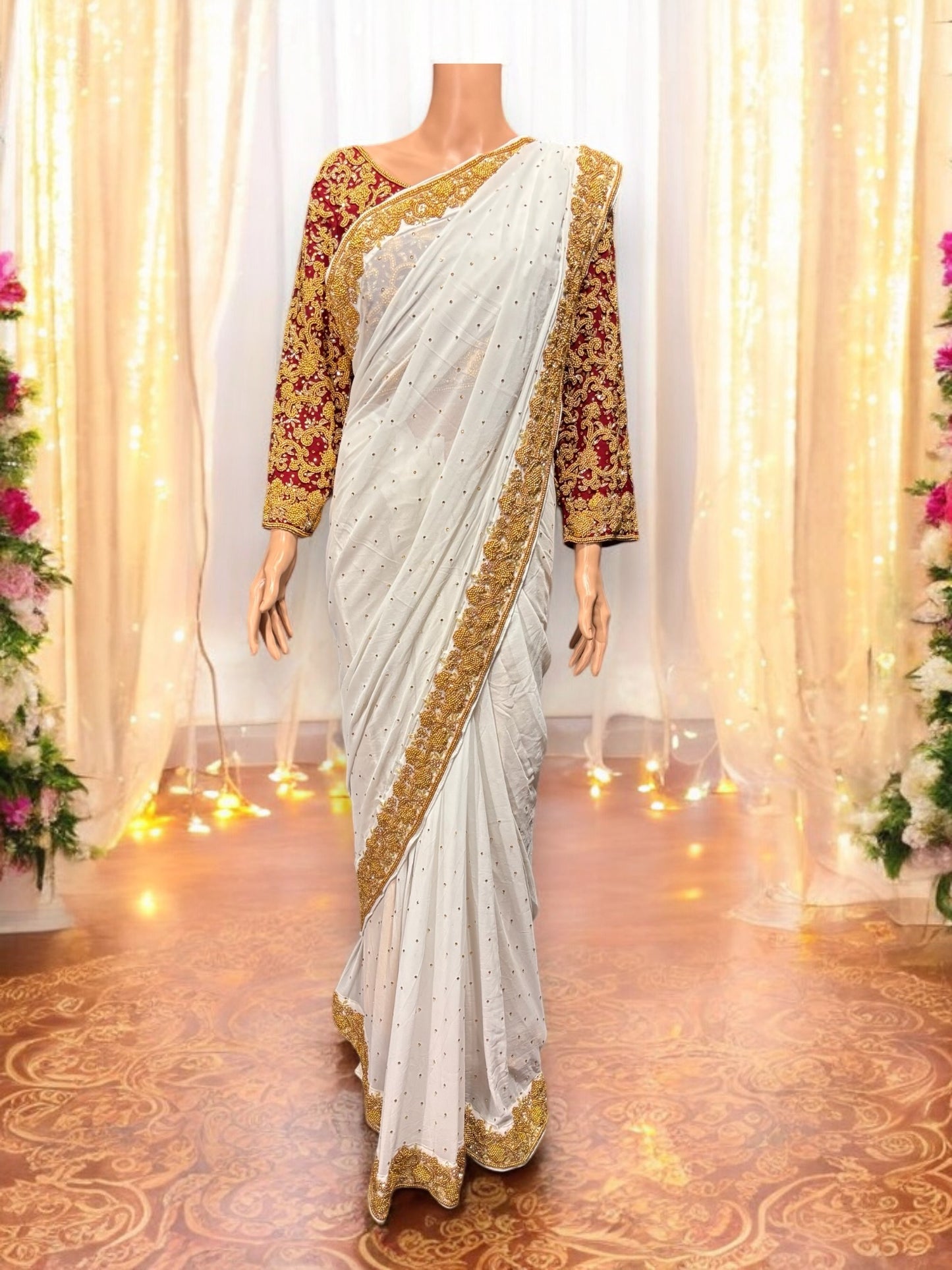 White Handwork Designer Saree with Ready Maroon Blouse - 02