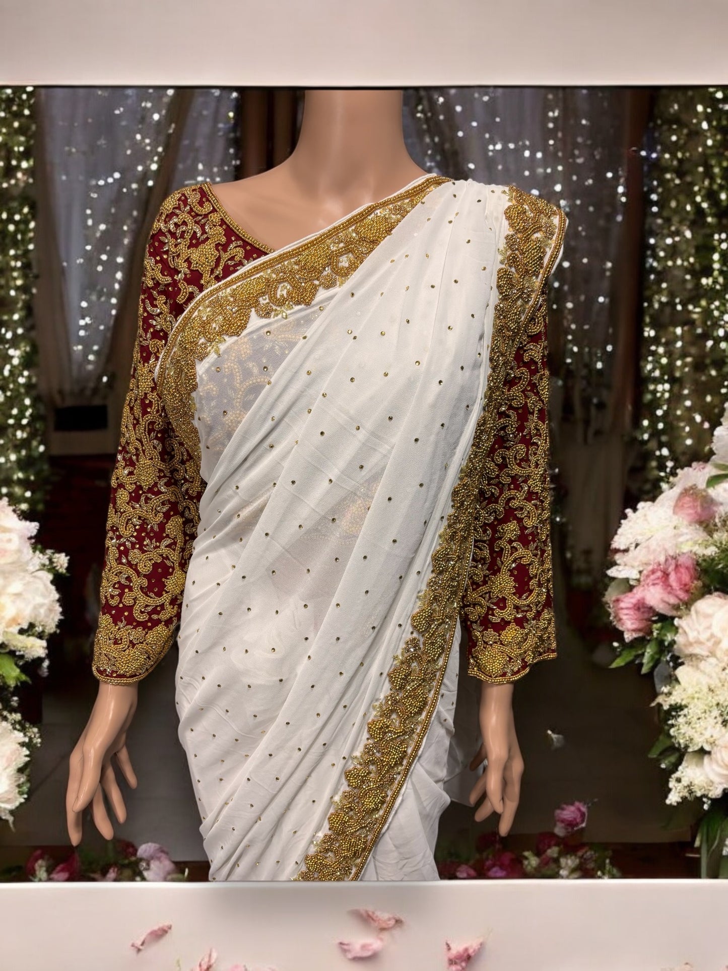 White Handwork Designer Saree with Ready Maroon Blouse - 02