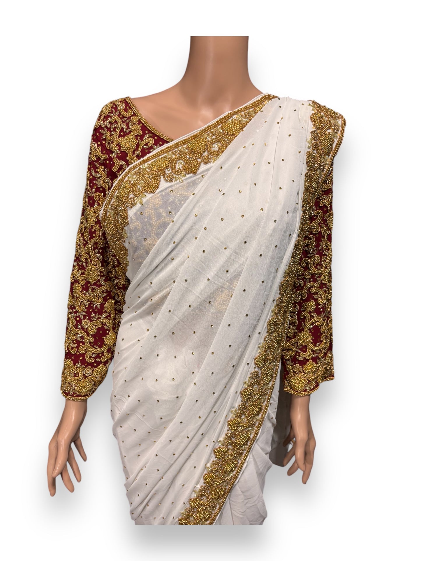 White Handwork Designer Saree with Ready Maroon Blouse - 02