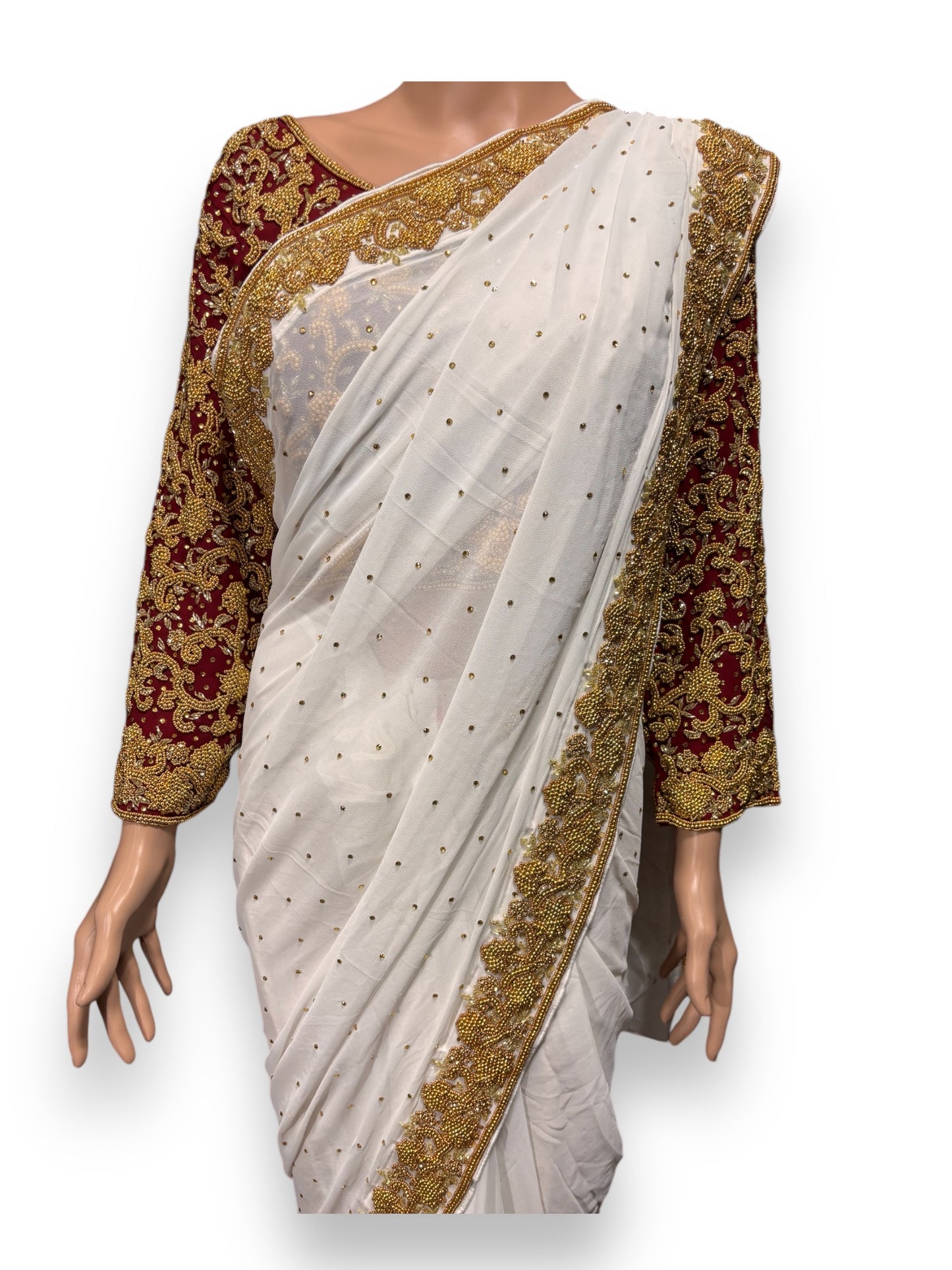 White Handwork Designer Saree with Ready Maroon Blouse - 02