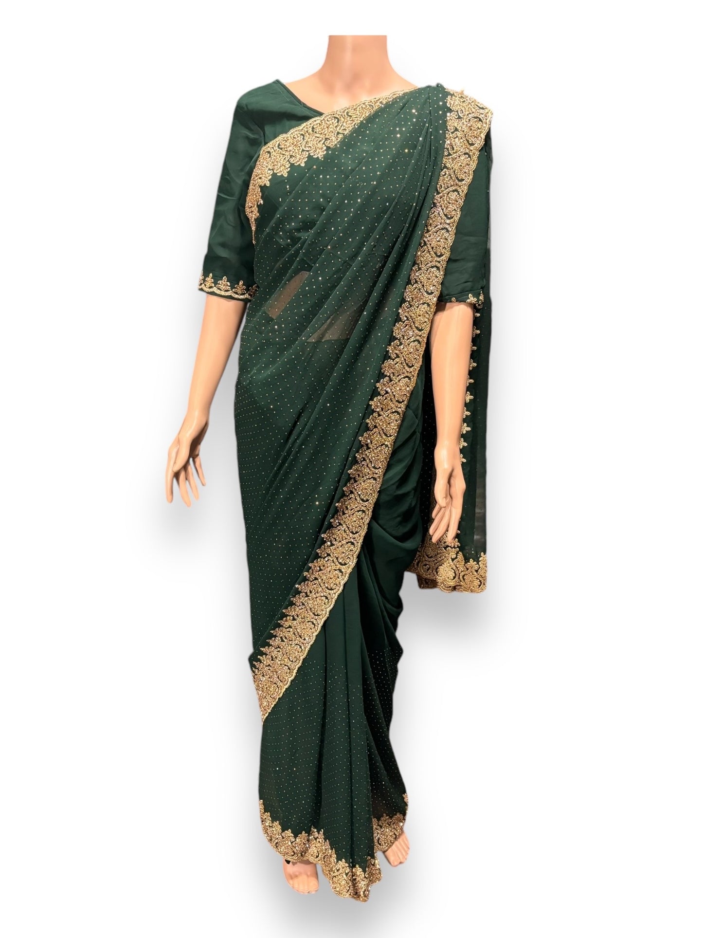 Green Party Wear Stonework Saree with Ready Blouse - 021