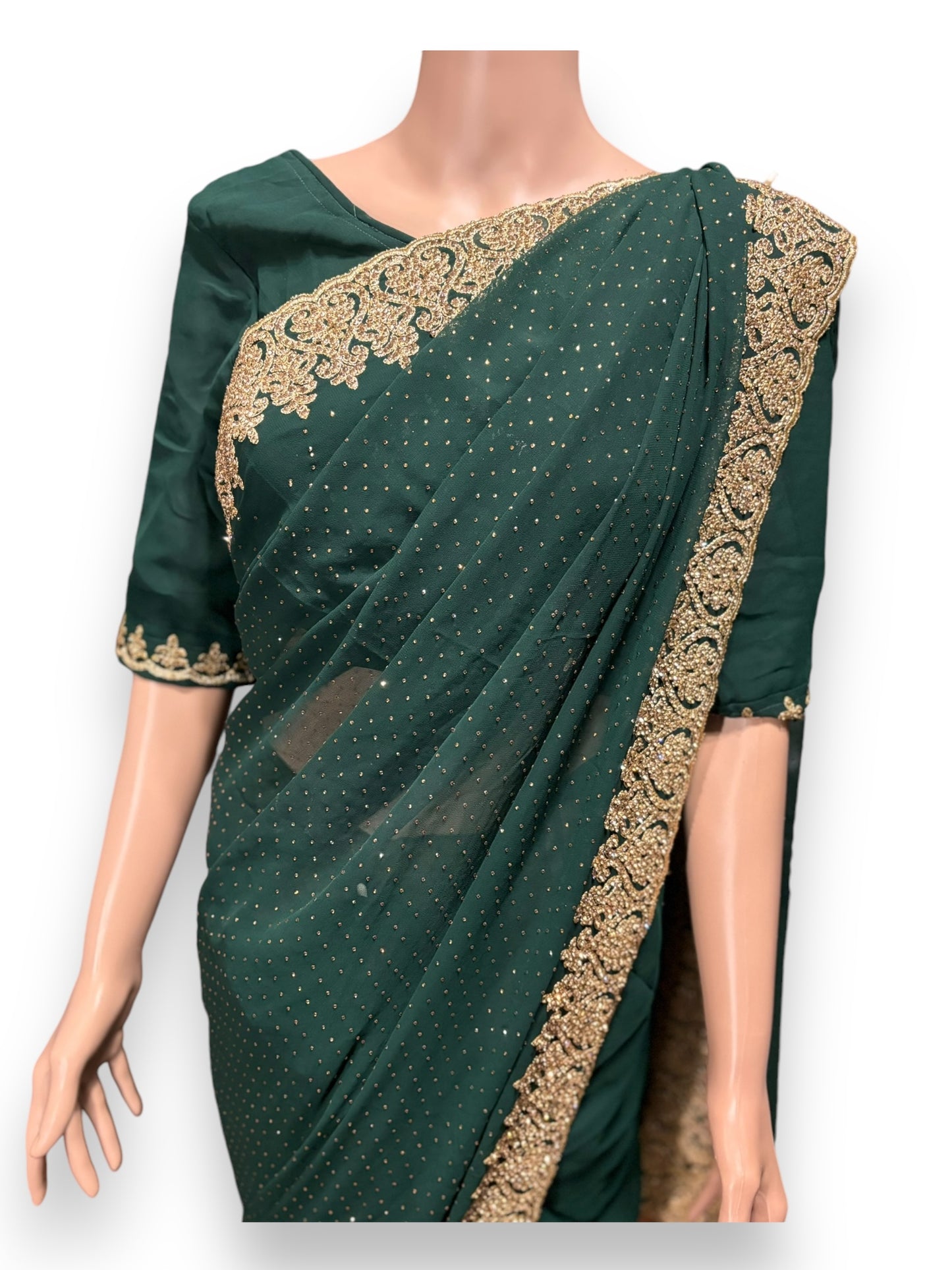 Green Party Wear Stonework Saree with Ready Blouse - 021