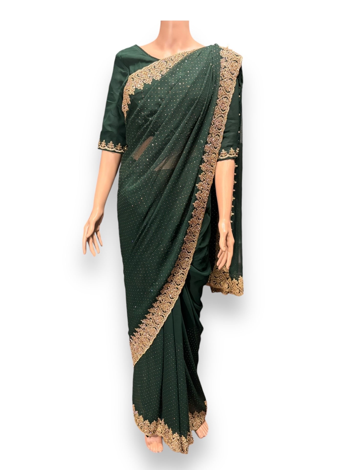 Green Party Wear Stonework Saree with Ready Blouse - 021