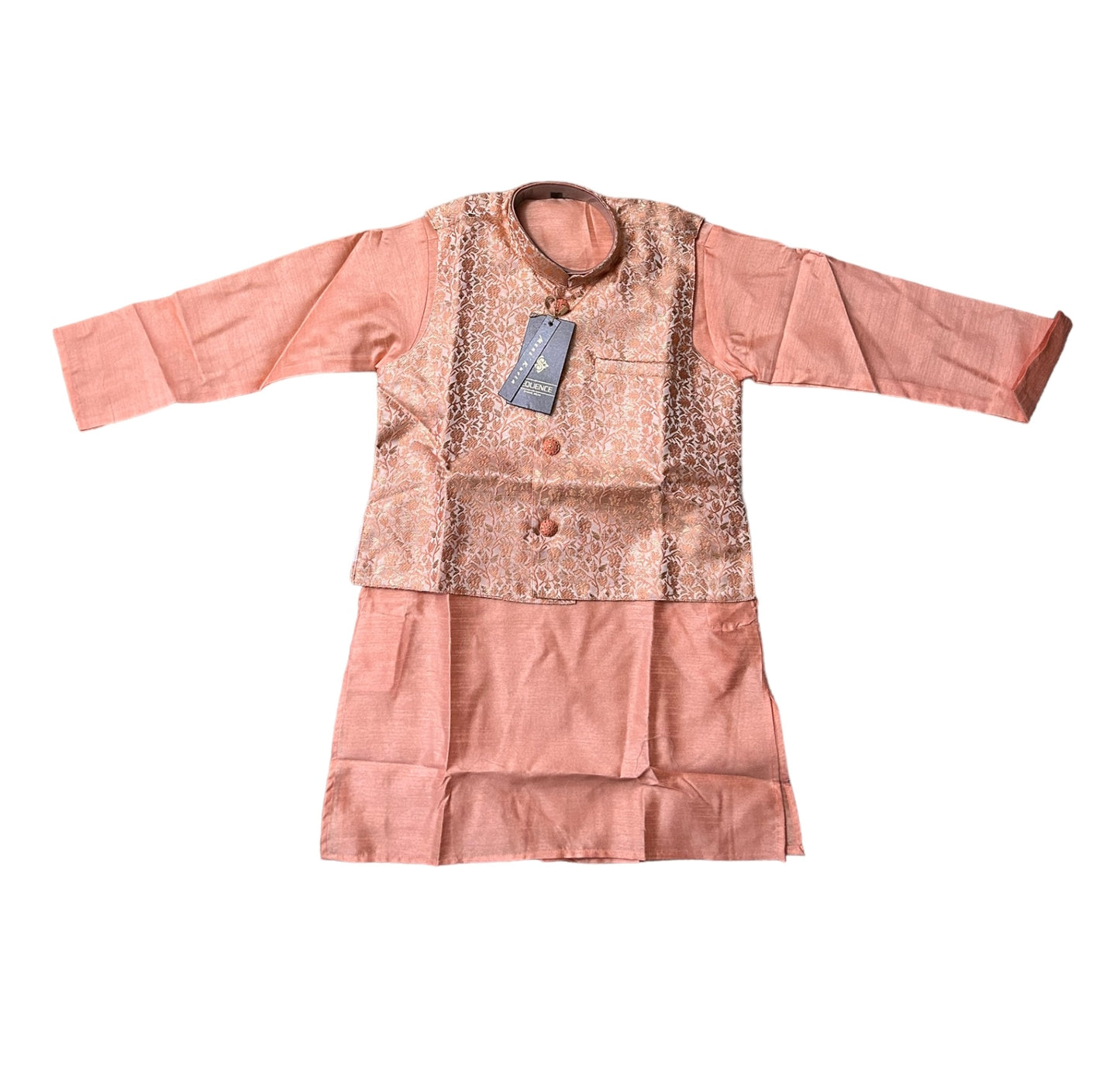 Elegant Boys Peach Silk Kurta Pajama Set with Matching Vest - D6420