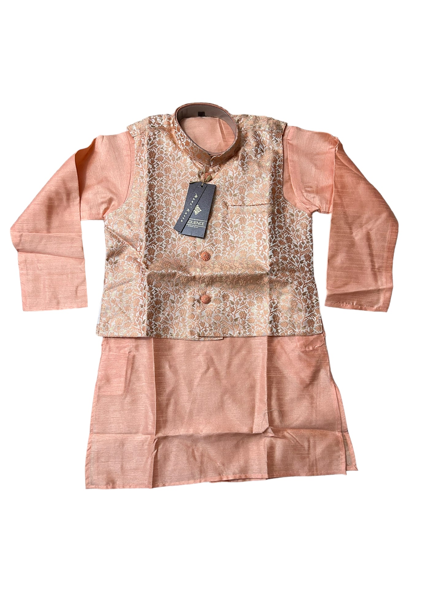 Elegant Boys Peach Silk Kurta Pajama Set with Matching Vest - D6420