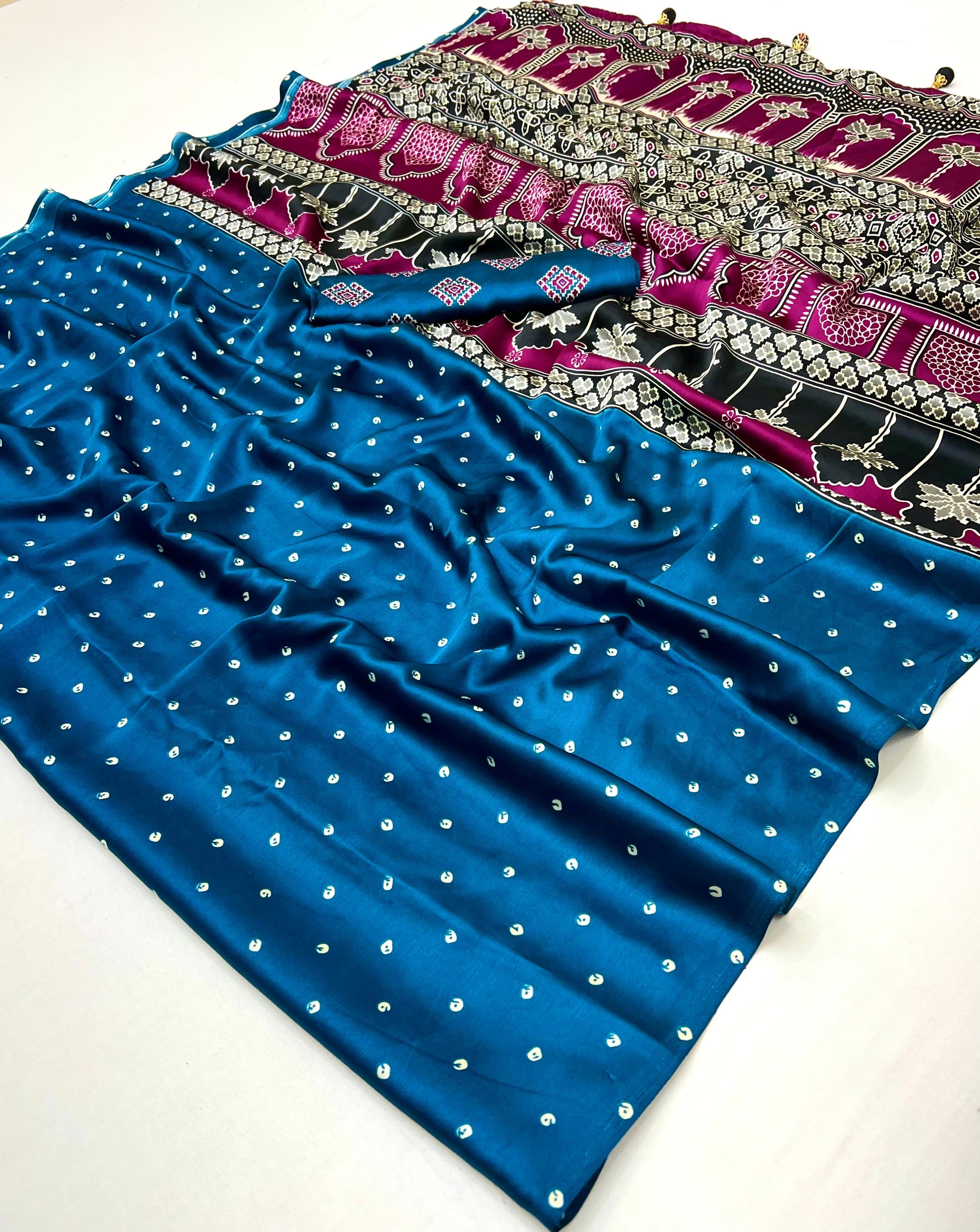 Semi modal traditional saree by Saree Ghor Charlotte, soft fabric with intricate cultural design for women's elegant wear.
